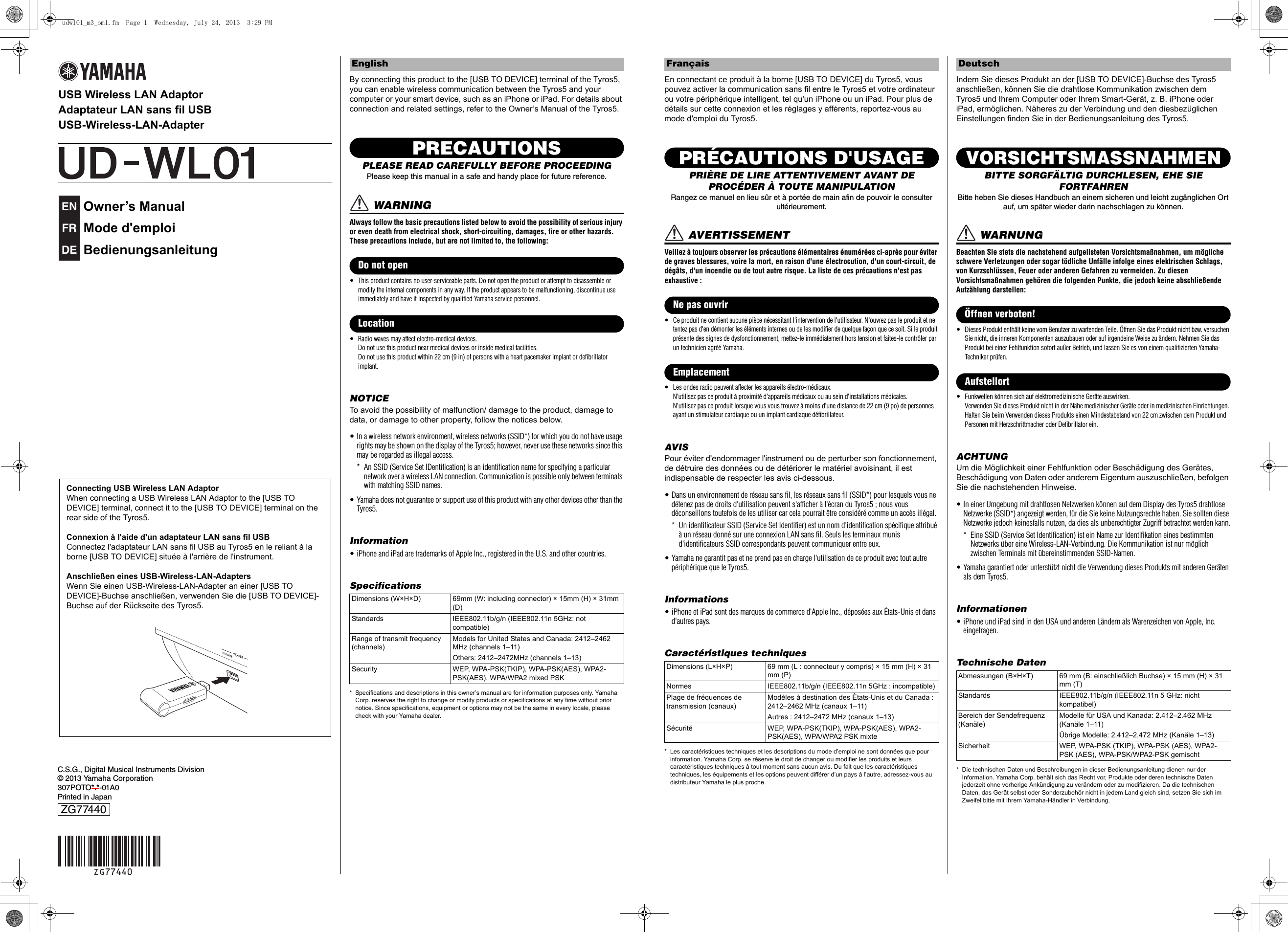 Yamaha UDWL01 USB WIRELESS LAN ADAPTOR User Manual UD WL01 Owner s Manual