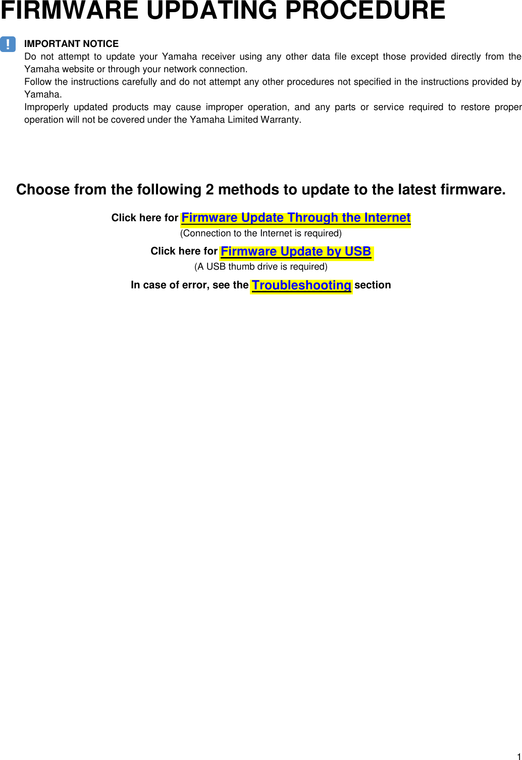 Page 1 of 6 - Yamaha Choose From The Following 2 Methods To Update La Firmware RX-V581/HTR-5069/TSR-5810/RX-A660 Installation Manual RX-V581 HTR-5069 RX-A660 E