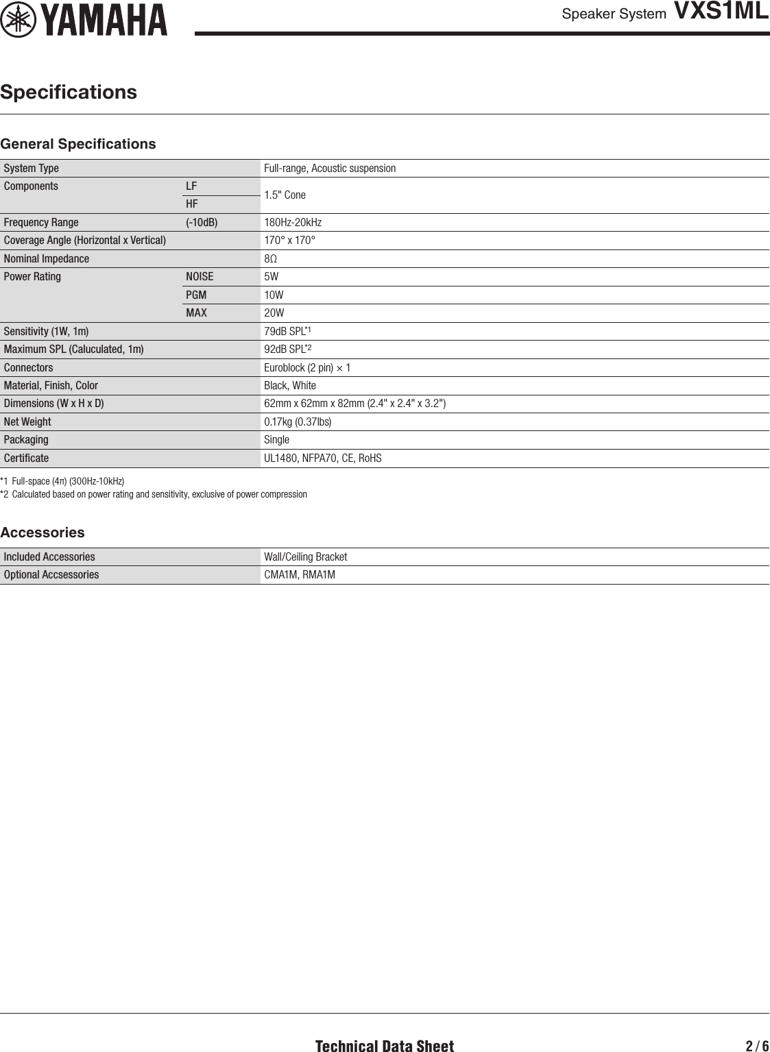 Page 2 of 6 - Yamaha VXS1ML Data Sheet (VXS1ML)