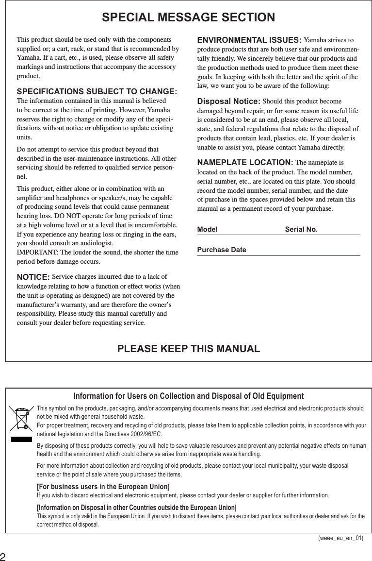 Page 3 of 11 - Yamaha YEV104 YEV105 OM ZR53760 A0 YEV-104/YEV-105 Owner's Manual YEV104,105 EN