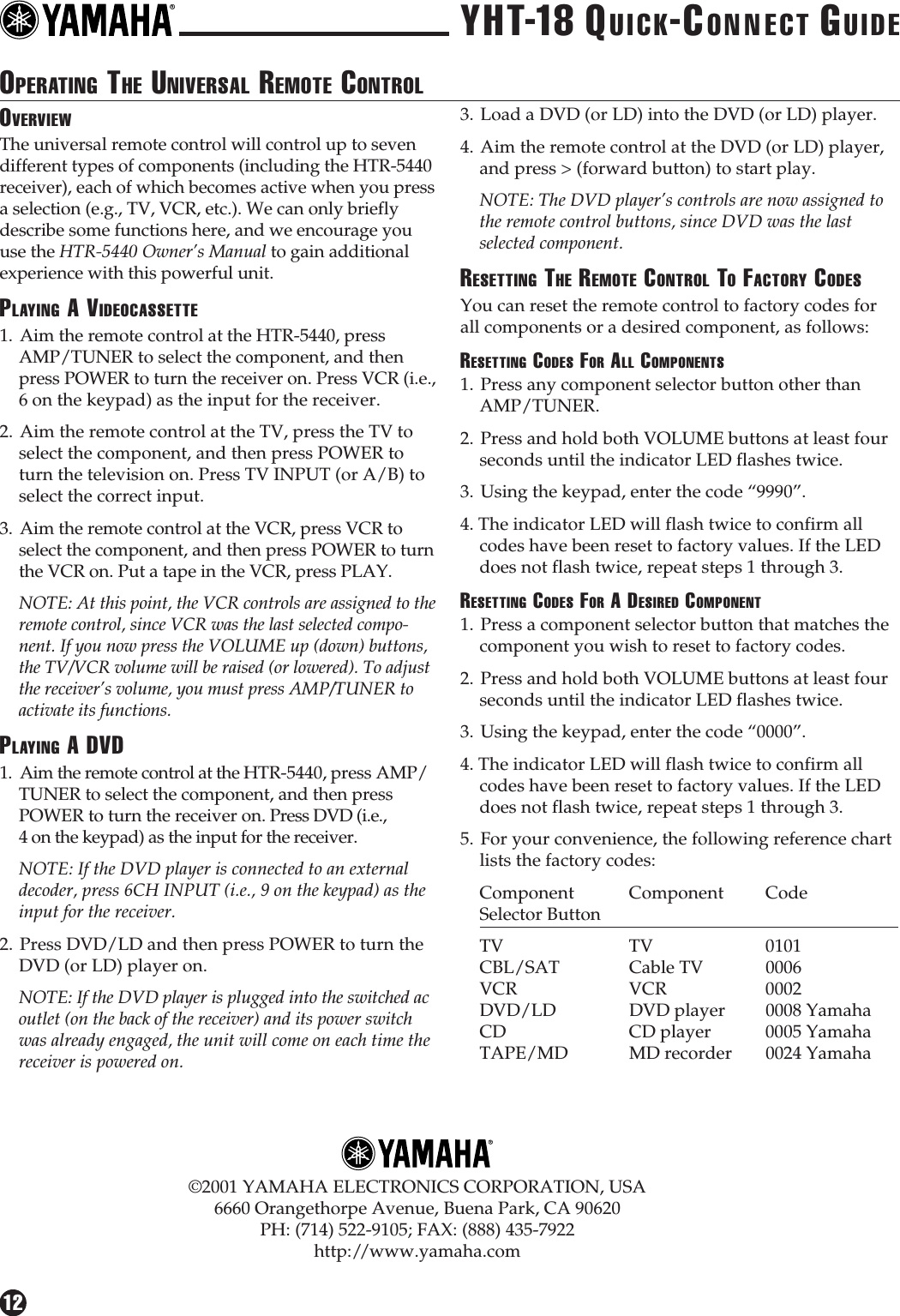 Page 12 of 12 - Yamaha YHT-18 Quick-Connect Connection Diagram YHT18QC