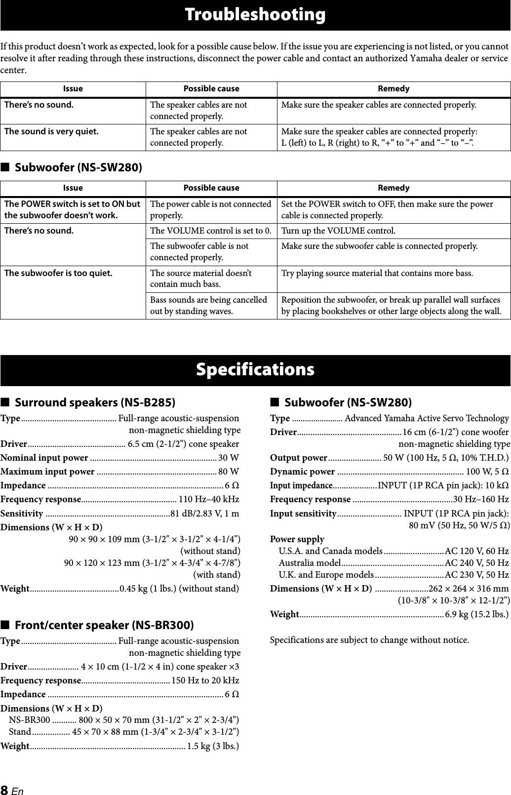 Page 12 of 12 - Yamaha YHT-494 Owner’s Manual_UC YHT-494/HTR-3063/NS-BR300/NS-B285/NS-SW280 Manual