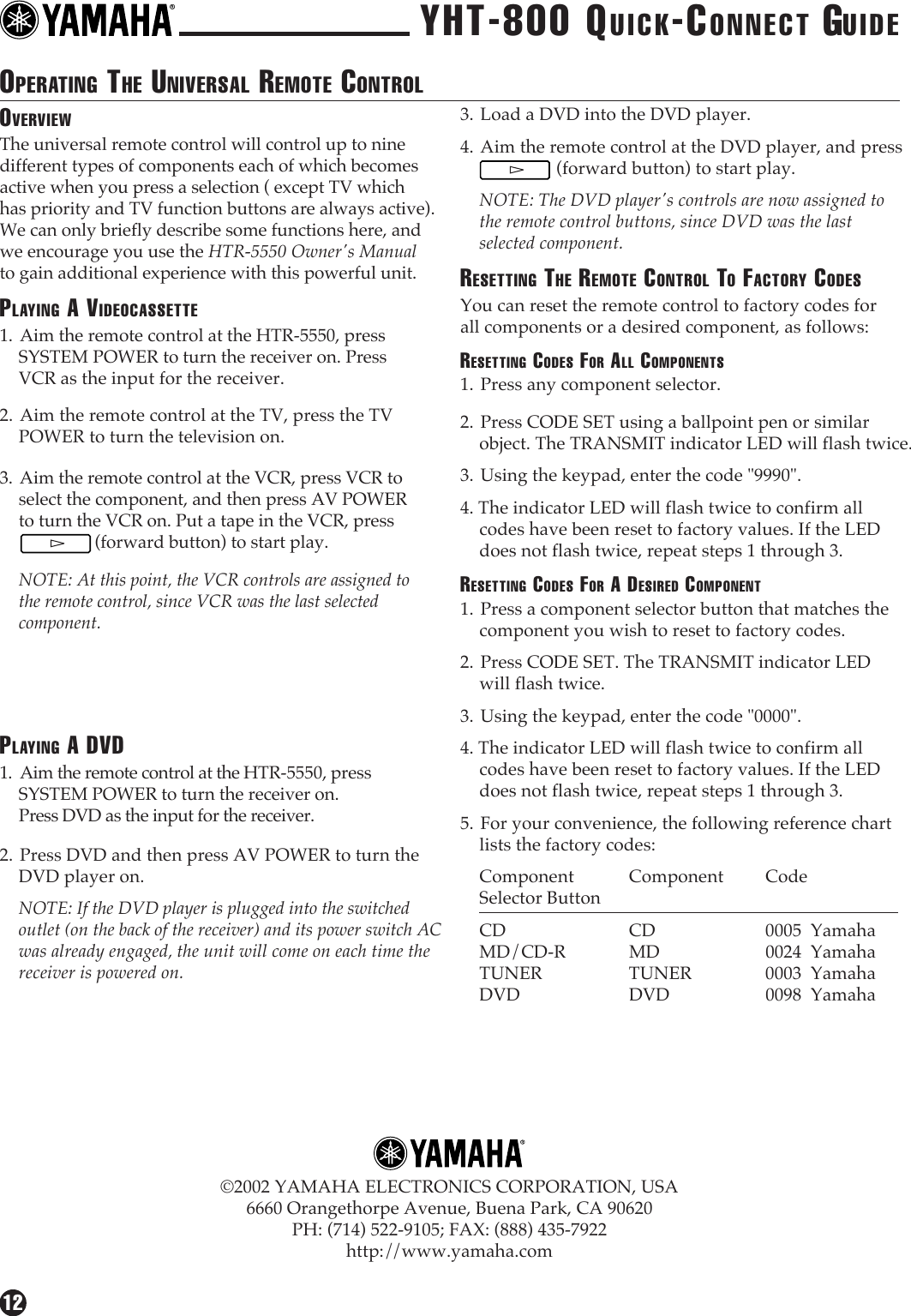 Page 12 of 12 - Yamaha  YHT-800 Connection Diagram YHT800QC