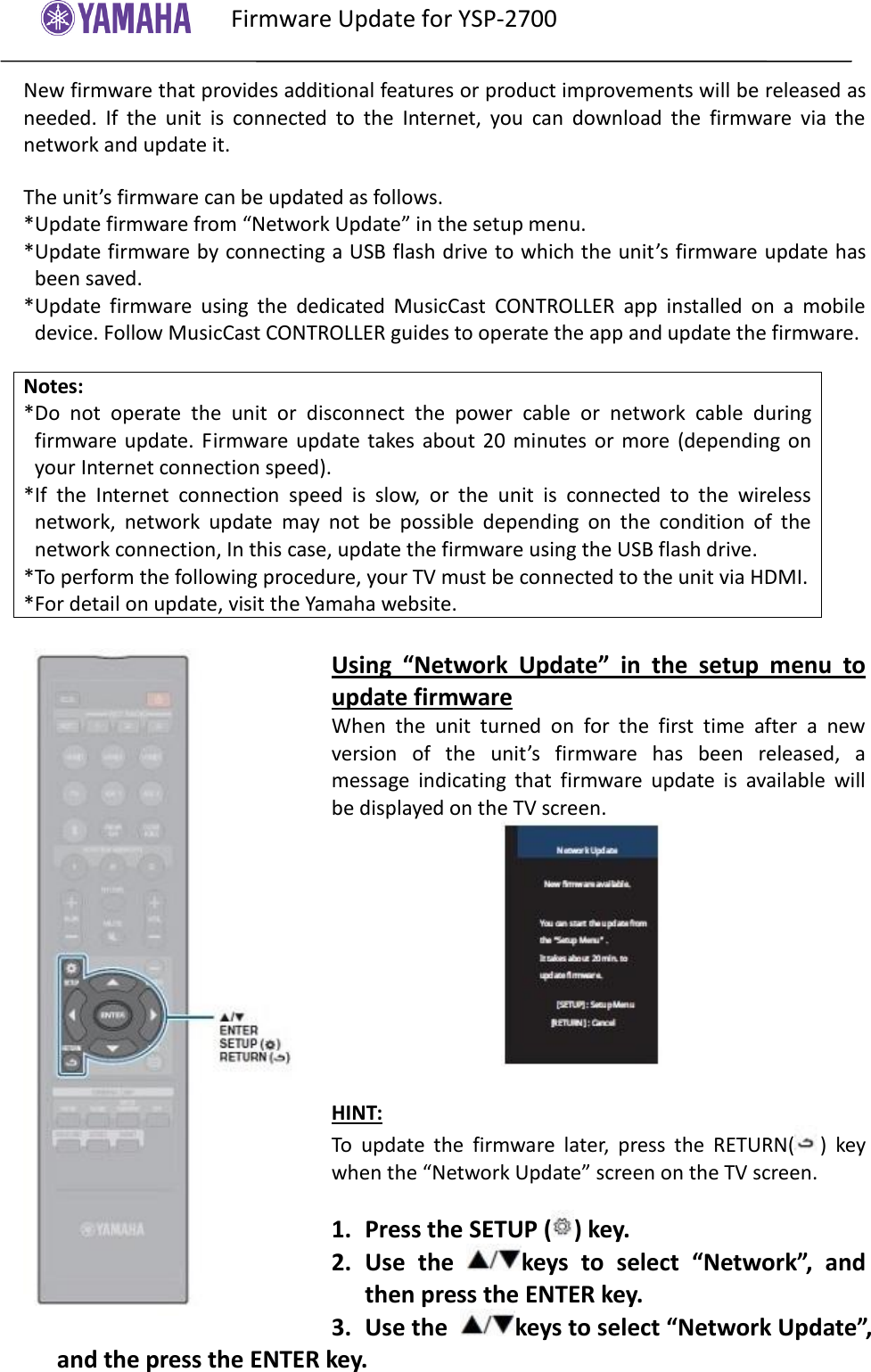 Page 1 of 3 - Yamaha User Firmware Update Procedure YSP-2700 Installation Manual YSP2700 E
