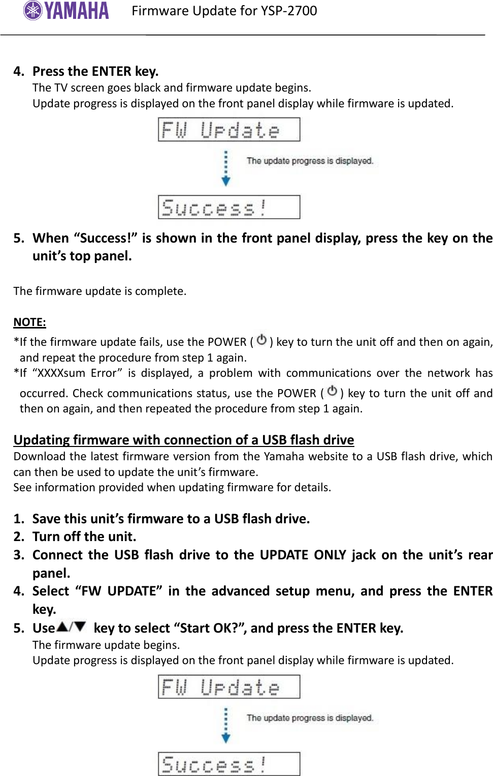 Page 2 of 3 - Yamaha User Firmware Update Procedure YSP-2700 Installation Manual YSP2700 E