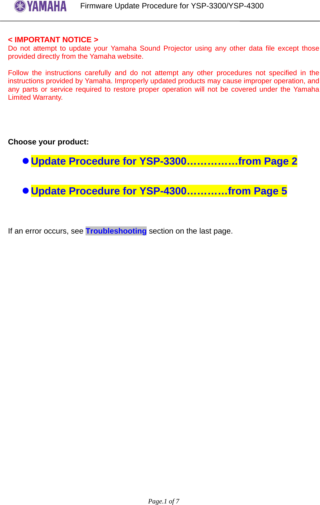 Page 1 of 7 - Yamaha - YSP-3300_4300 Firmware Update_En_rev1 Update Procedure YSP-3300 4300 En Rev1