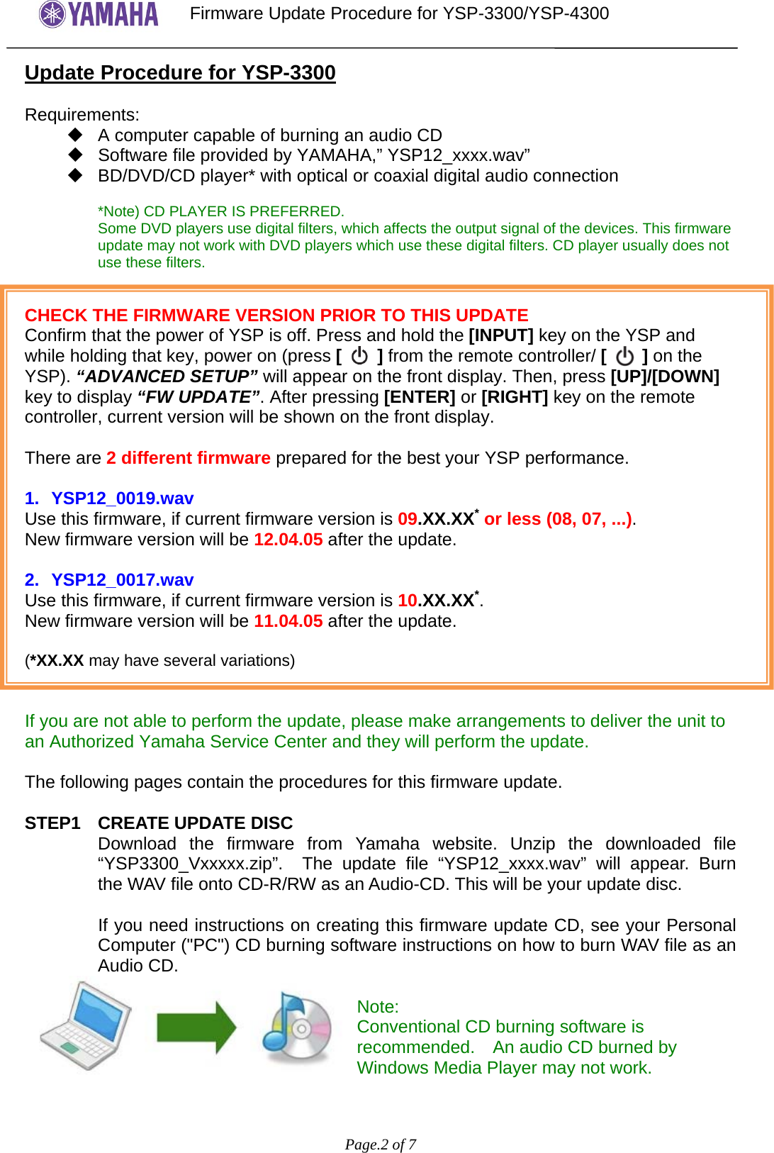 Page 2 of 7 - Yamaha - YSP-3300_4300 Firmware Update_En_rev1 Update Procedure YSP-3300 4300 En Rev1