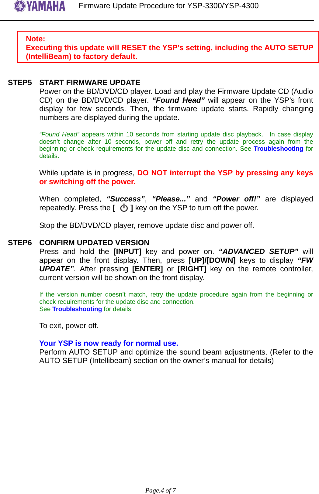 Page 4 of 7 - Yamaha - YSP-3300_4300 Firmware Update_En_rev1 Update Procedure YSP-3300 4300 En Rev1