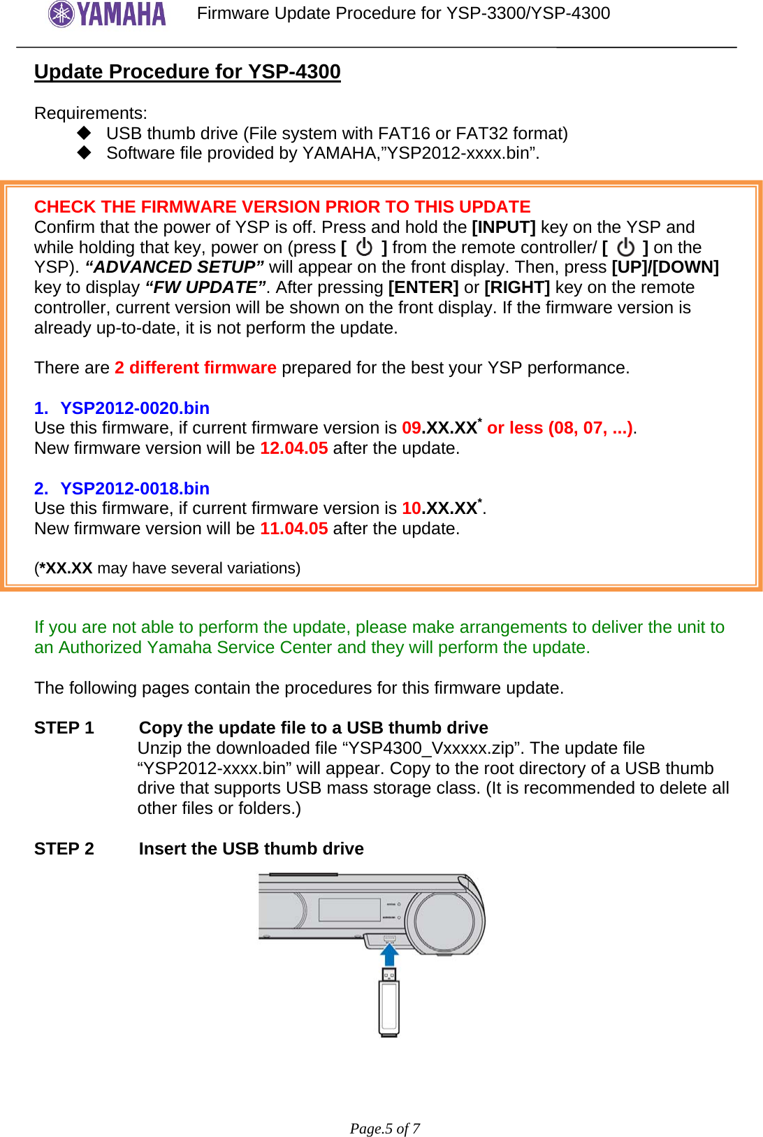 Page 5 of 7 - Yamaha - YSP-3300_4300 Firmware Update_En_rev1 Update Procedure YSP-3300 4300 En Rev1