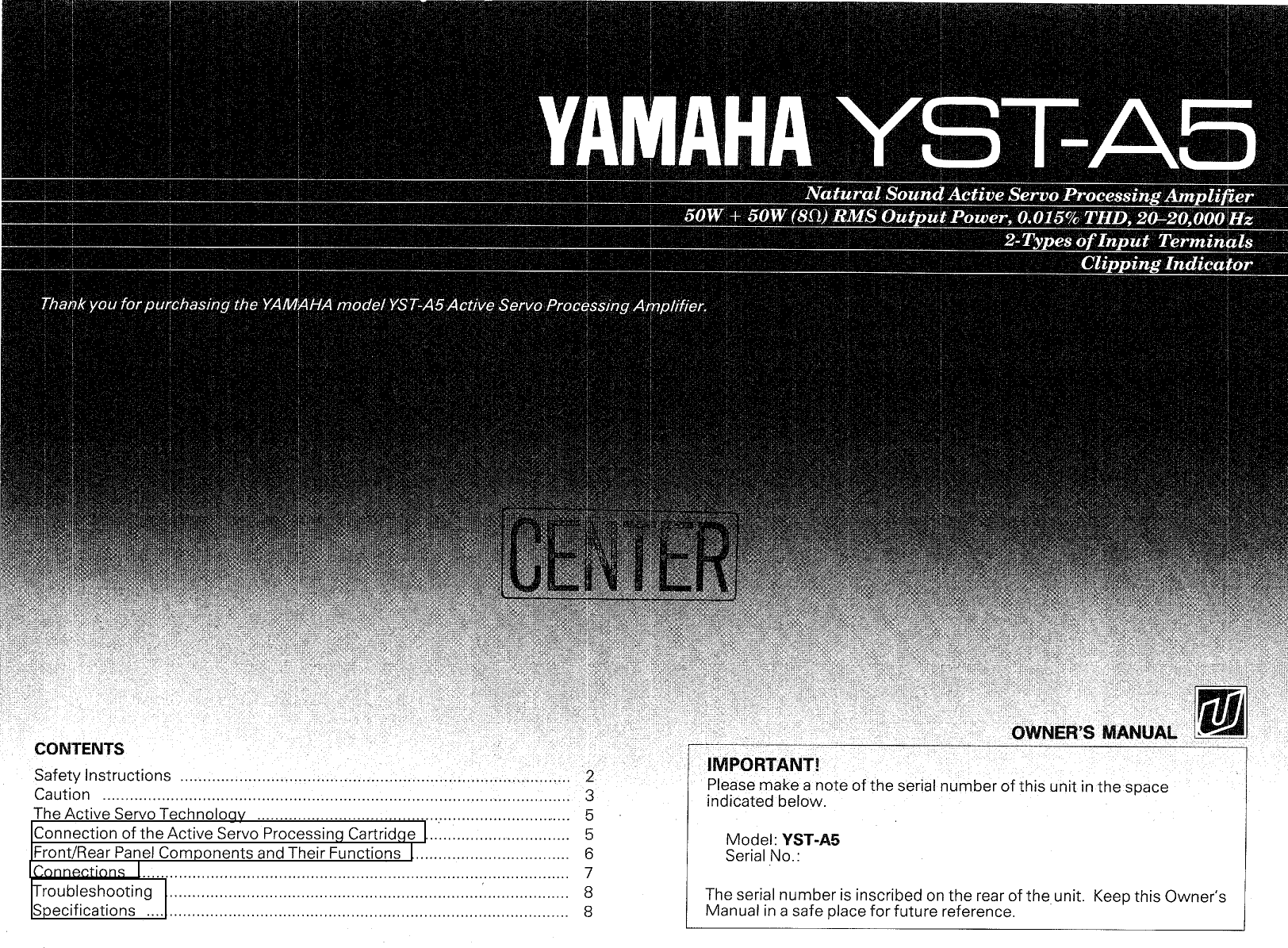 Page 1 of 8 - Yamaha .橡.ページ) YST-A5 OWNER'S MANUAL