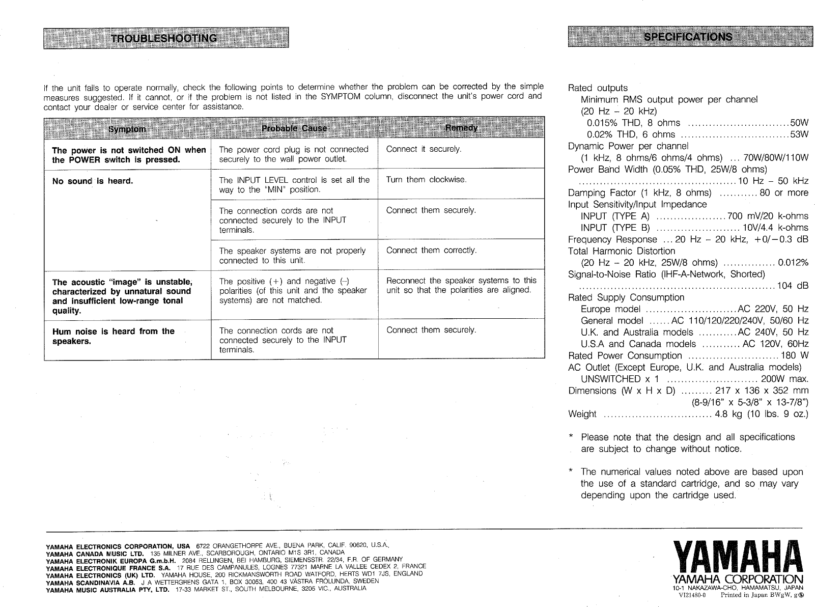 Page 8 of 8 - Yamaha .橡.ページ) YST-A5 OWNER'S MANUAL