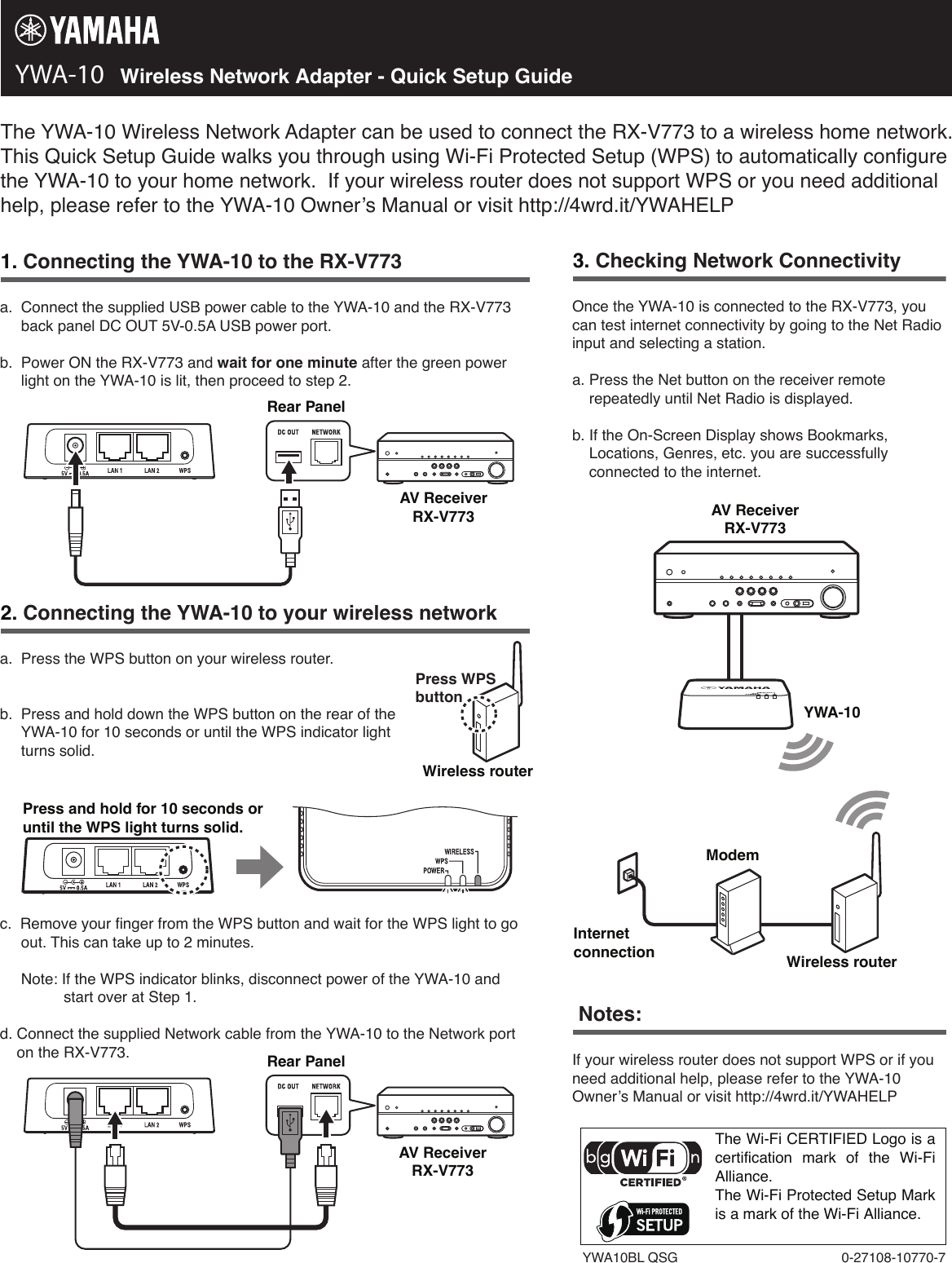 Page 1 of 1 - Yamaha YWA-10_QSG YWA-10 Wireless Network Adapter Quick Setup Guide