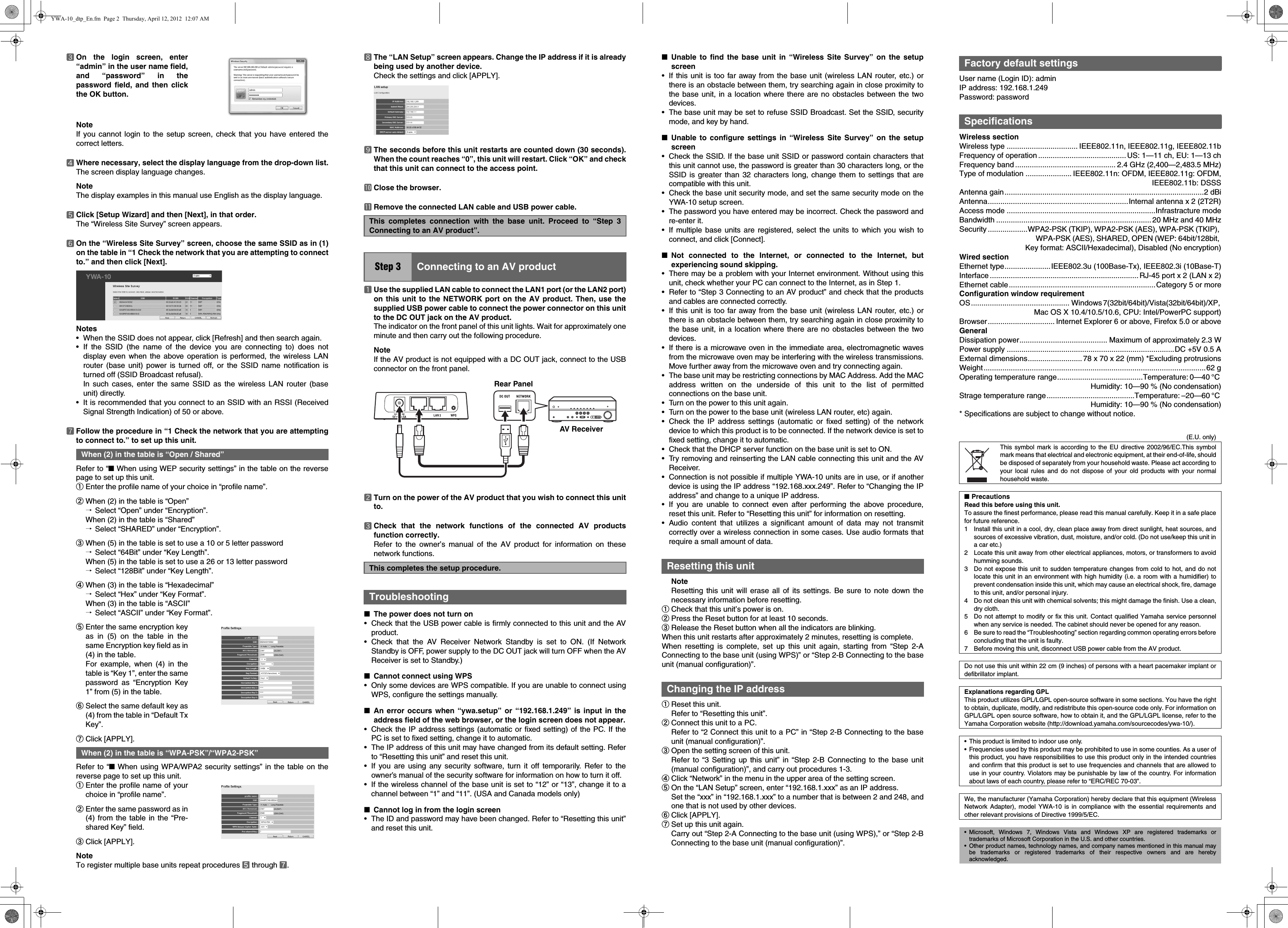 Page 2 of 2 - Yamaha  YWA-10 Wireless Network Adapter Owner's Manual Om En-1