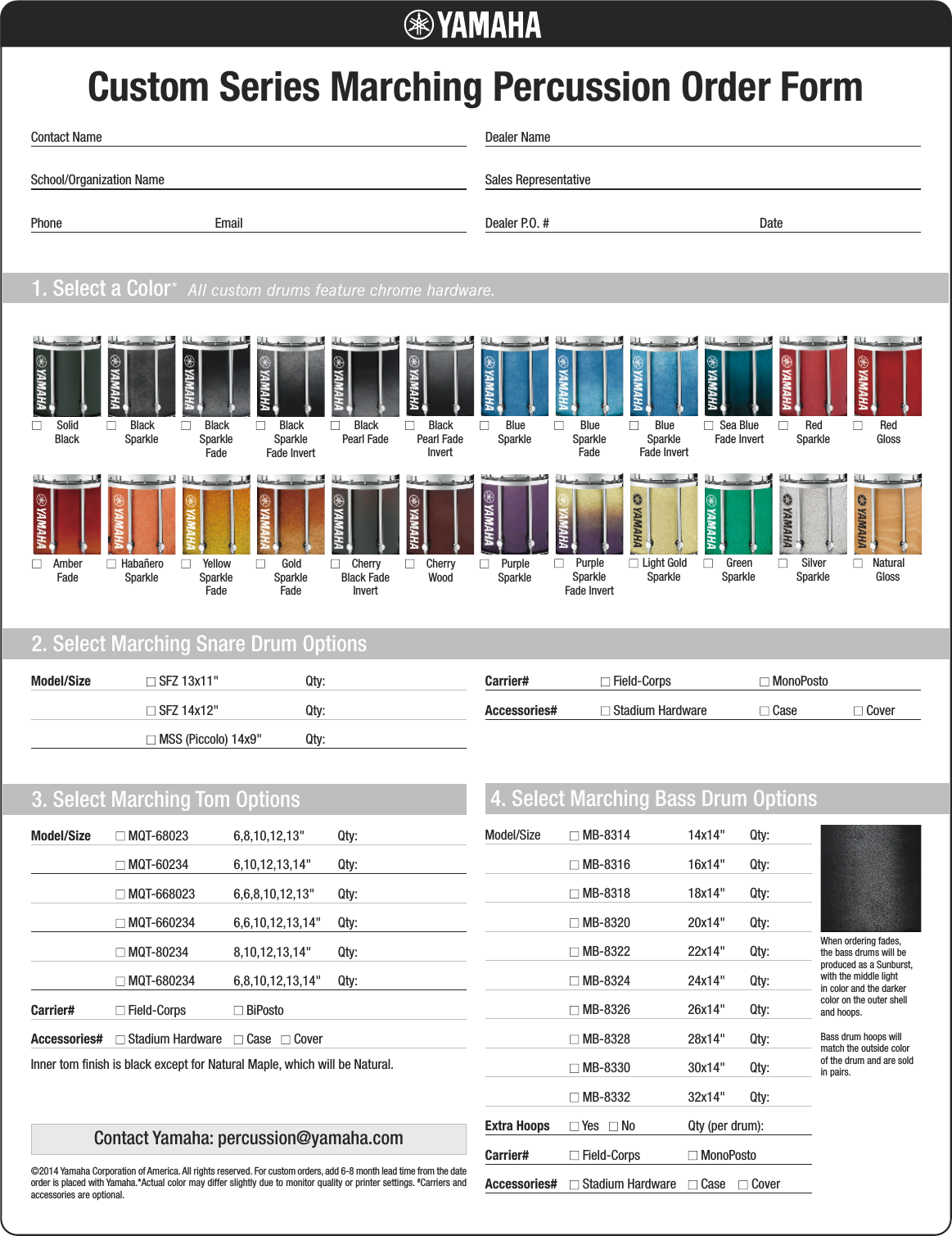 Yamaha Custom Series Marching Percussion Order Form 2014