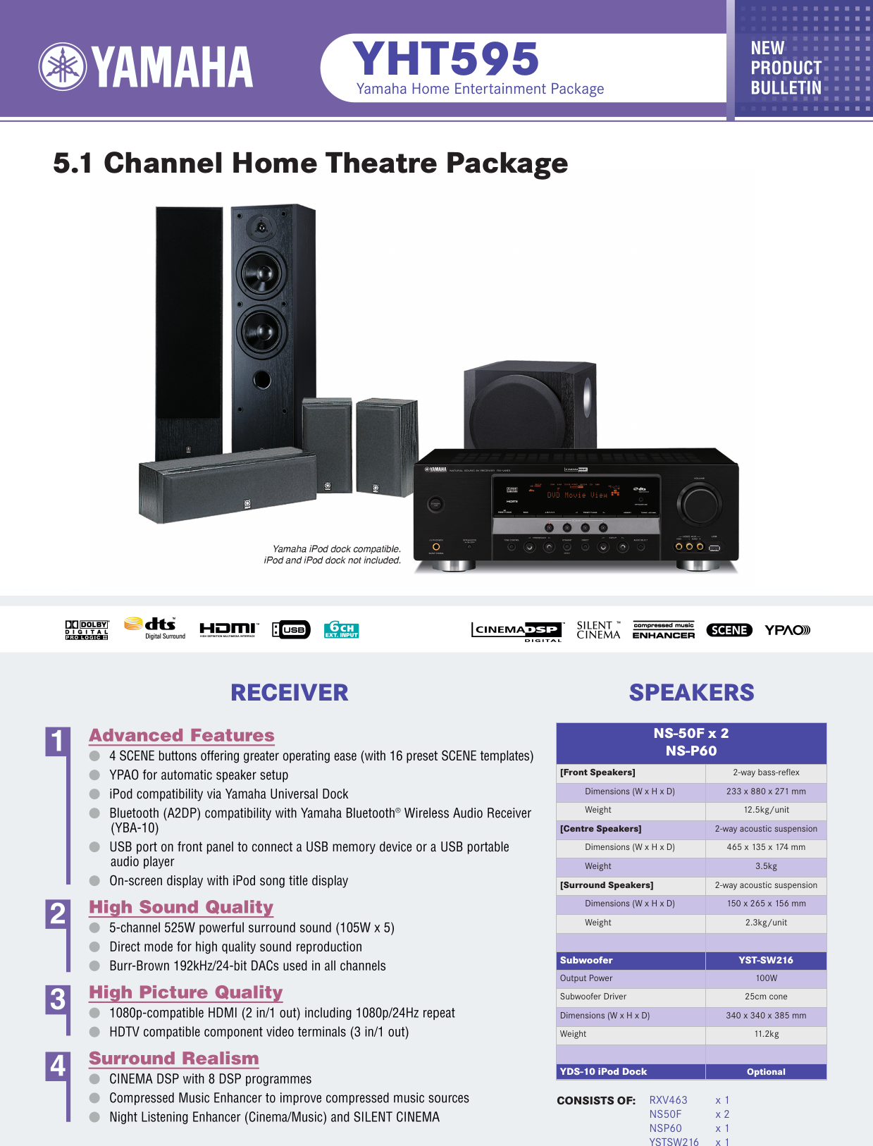 Page 1 of 2 - Yamaha Yht595-Specifications  Yamaha-yht595-specifications