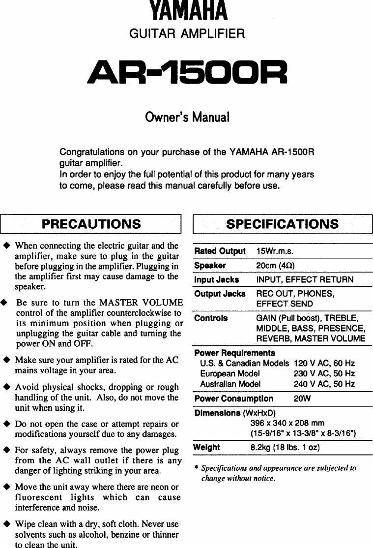 Page 1 of 4 - Yamaha  AR-1500R Owner's Manual (Image) Ar1500r En