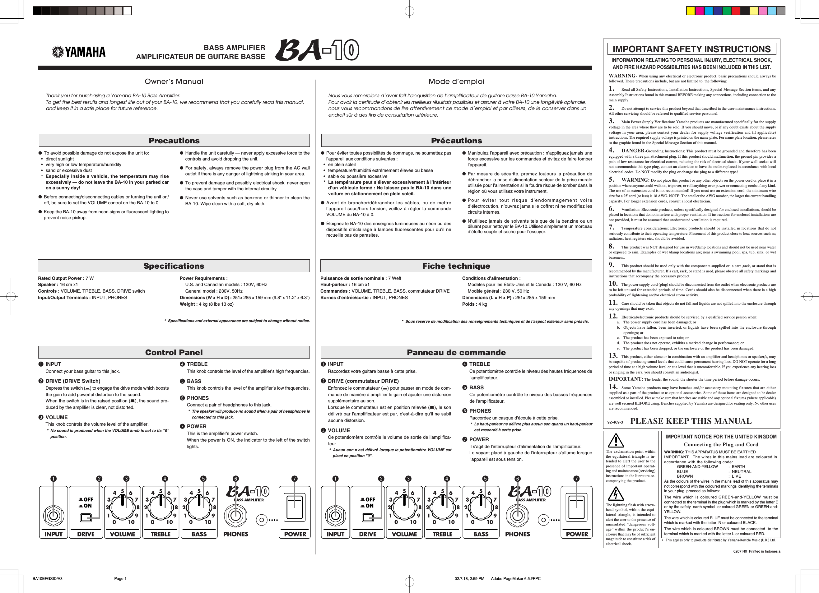 Page 1 of 2 - Yamaha  BA-10 Owner's Manual Ba10 De