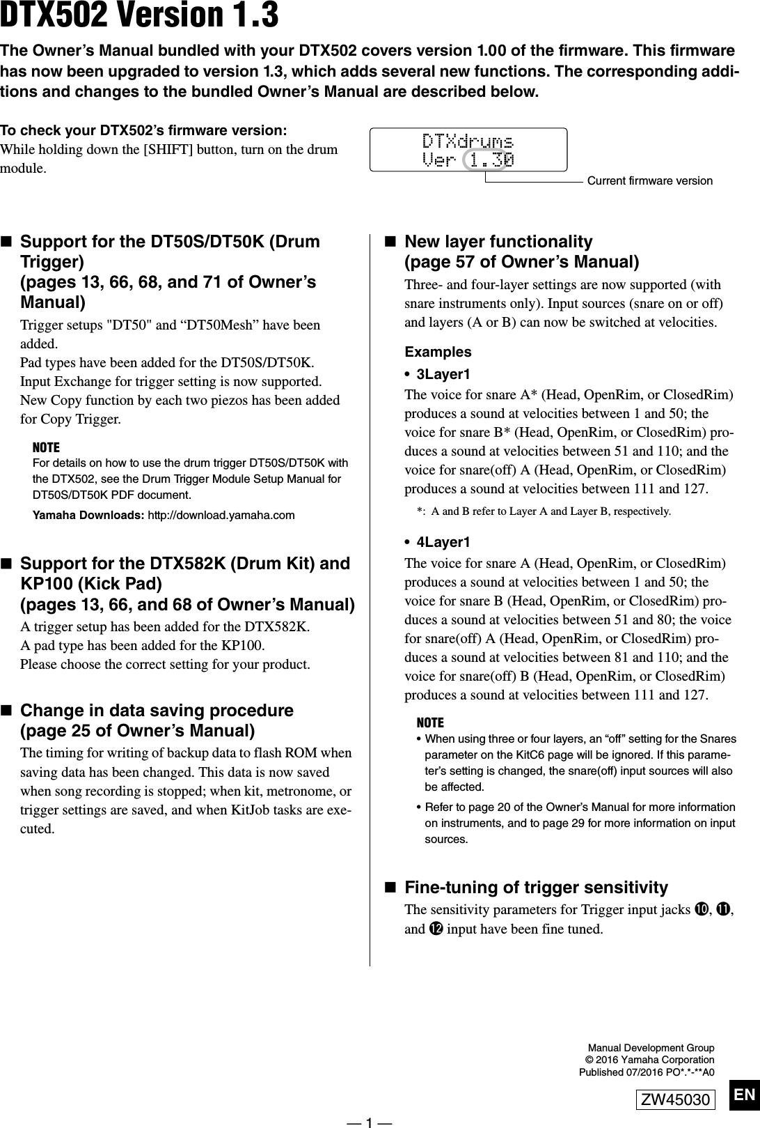 Page 1 of 1 - Yamaha DTX502 Version 1.3 Supplemental Leaflet En Ver13