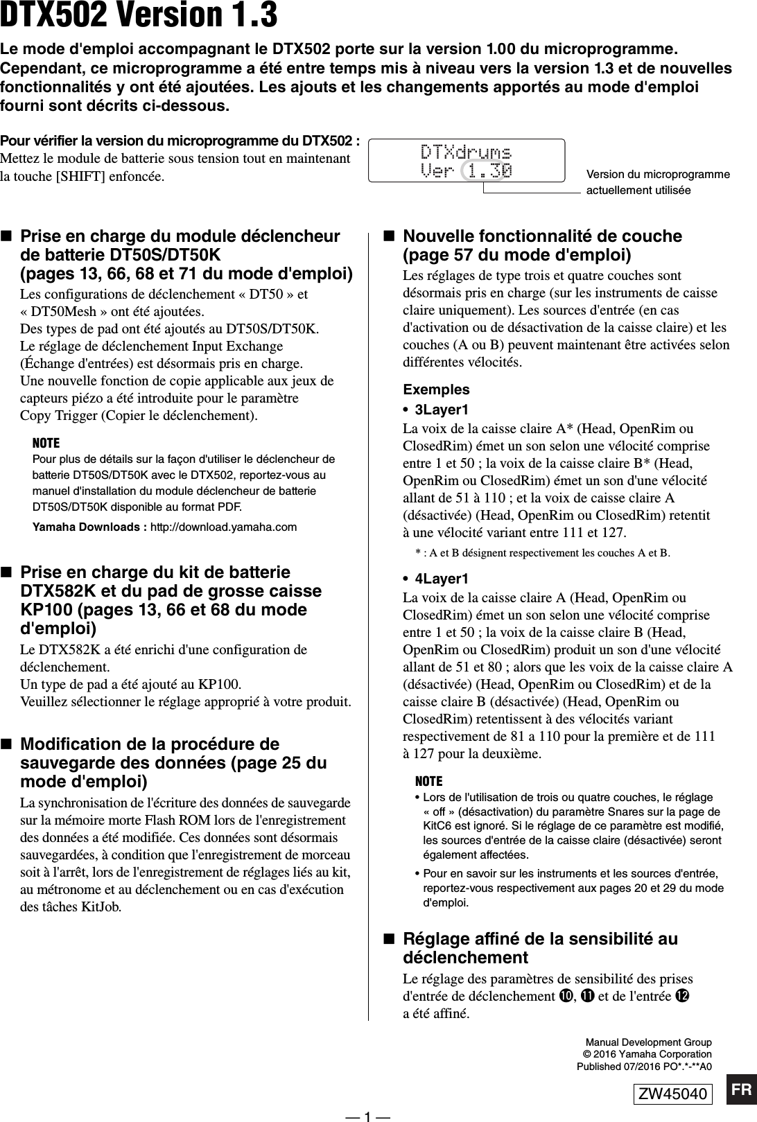 Page 1 of 1 - Yamaha DTX502 Version 1.3 Supplemental Leaflet Fr Ver13