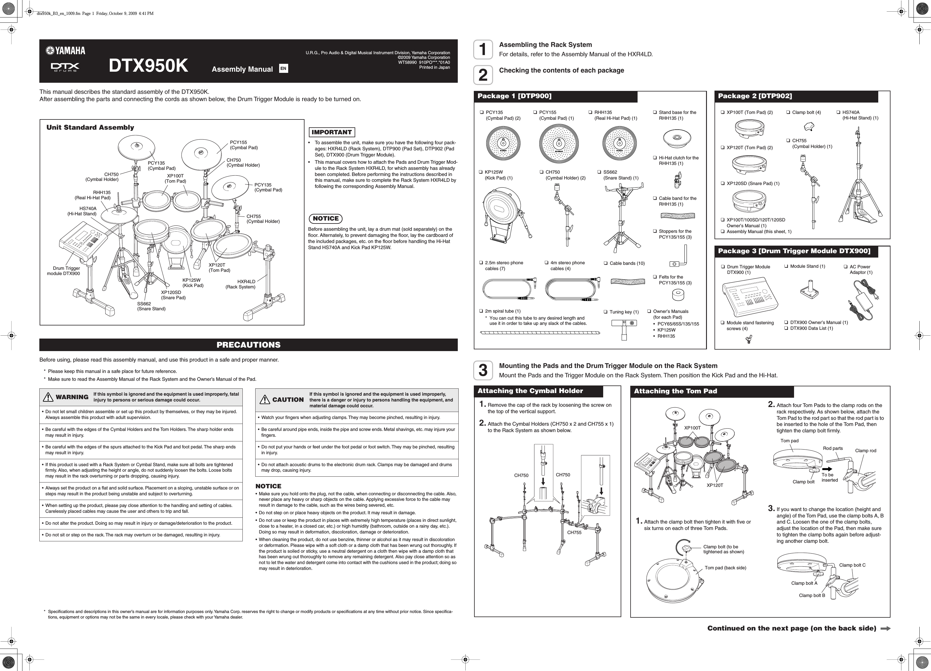 Page 1 of 2 - Yamaha DTX950K Assembly Manual En Om A0