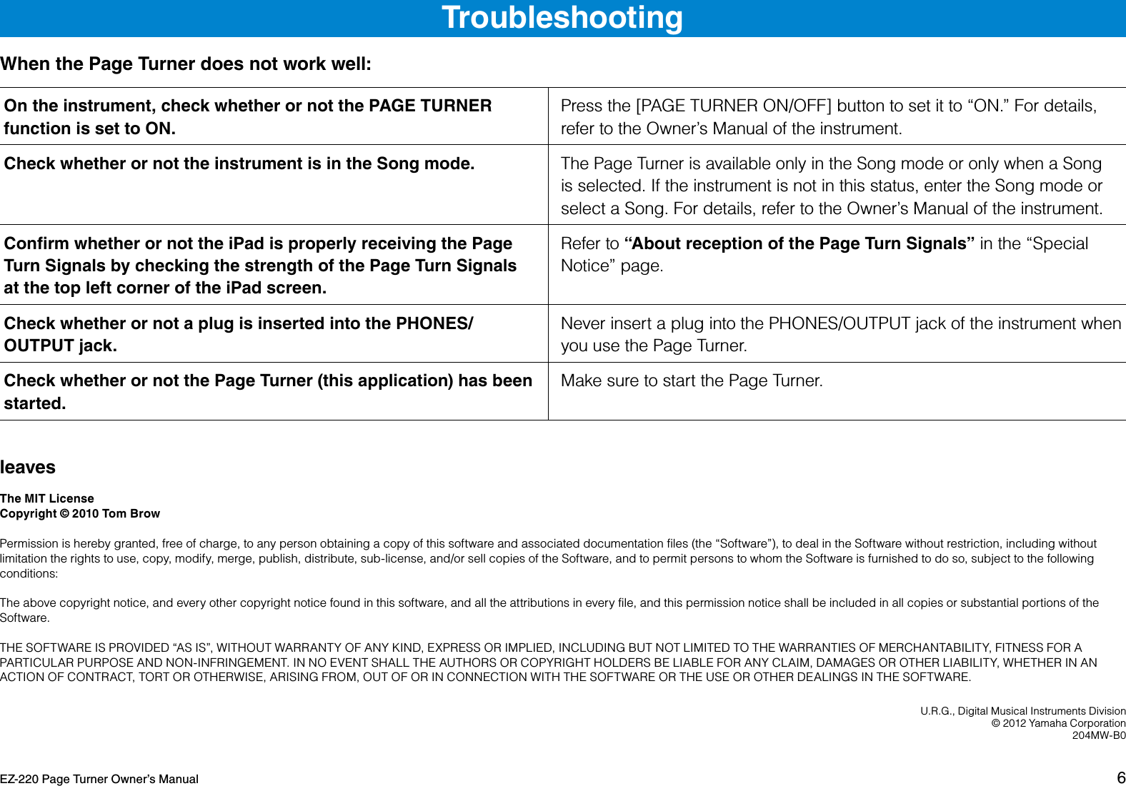 Page 6 of 6 - Yamaha EZ-220 Page Turner Owner's Manual Ez220page Turn En Om B0