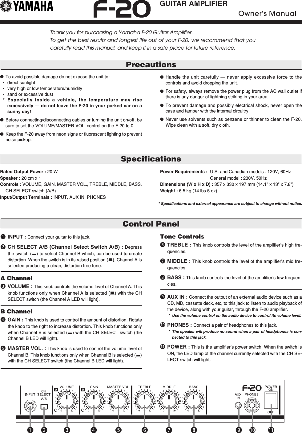 Page 1 of 7 - Yamaha  F-20 Owner's Manual F20 De