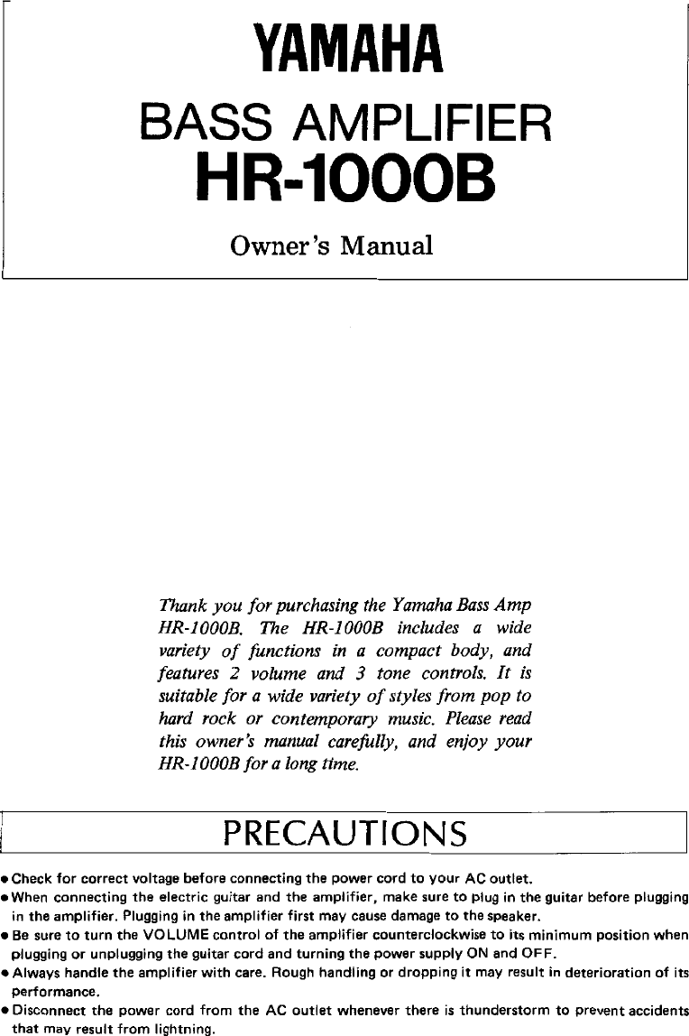 Page 1 of 4 - Yamaha  HR-1000B Owner's Manual (Image) Hr1000b En