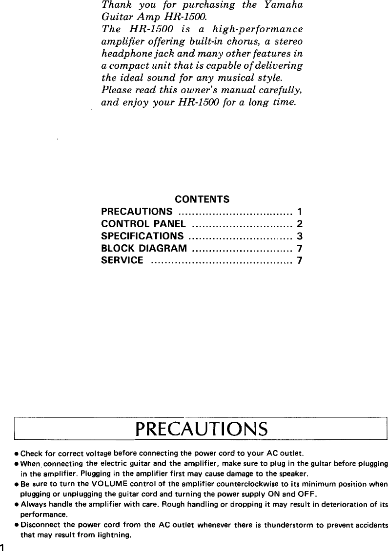 Page 2 of 5 - Yamaha  HR-1500 Owner's Manual (Image) Hr1500 En