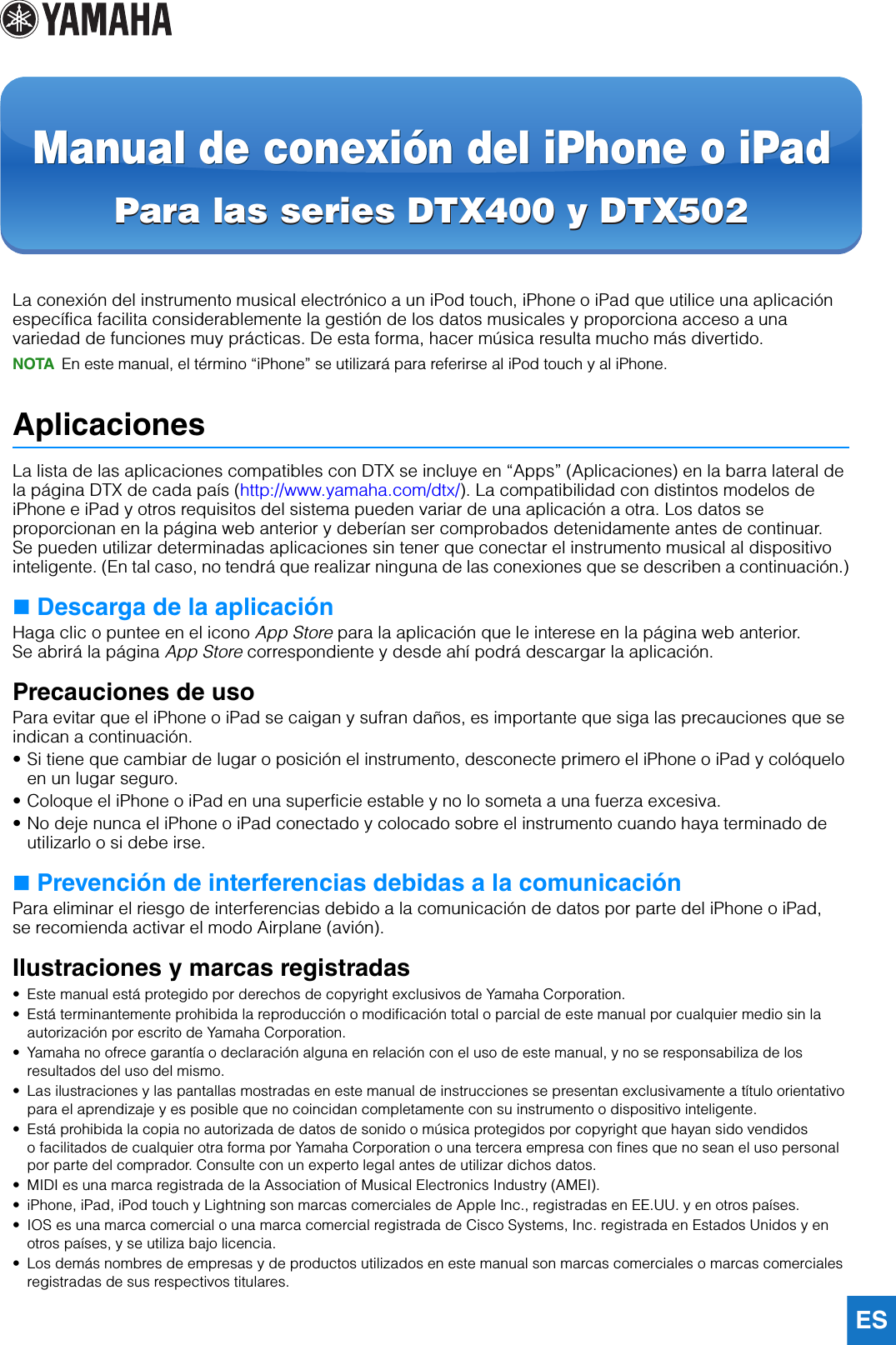 Page 1 of 4 - Yamaha  I Phone/i Pad Connection Manual For DTX400 Series & DTX502 (español) Iphone Ipad Connect Om Es Dtx V030
