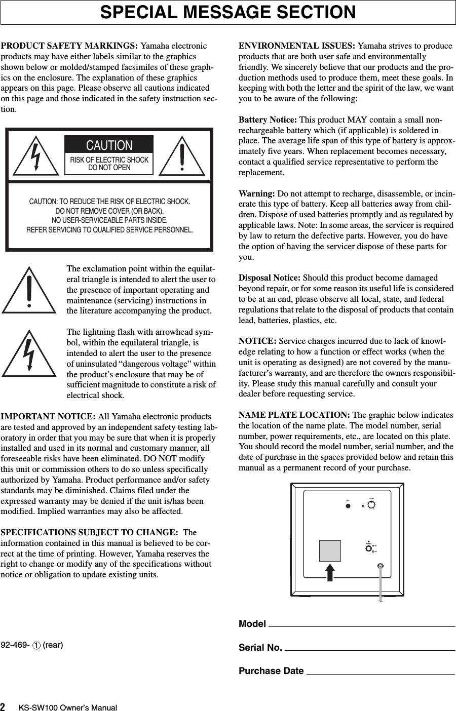 Page 2 of 12 - Yamaha KS-SW100 Owner’s Manual Owner's Kssw100 En Om A0