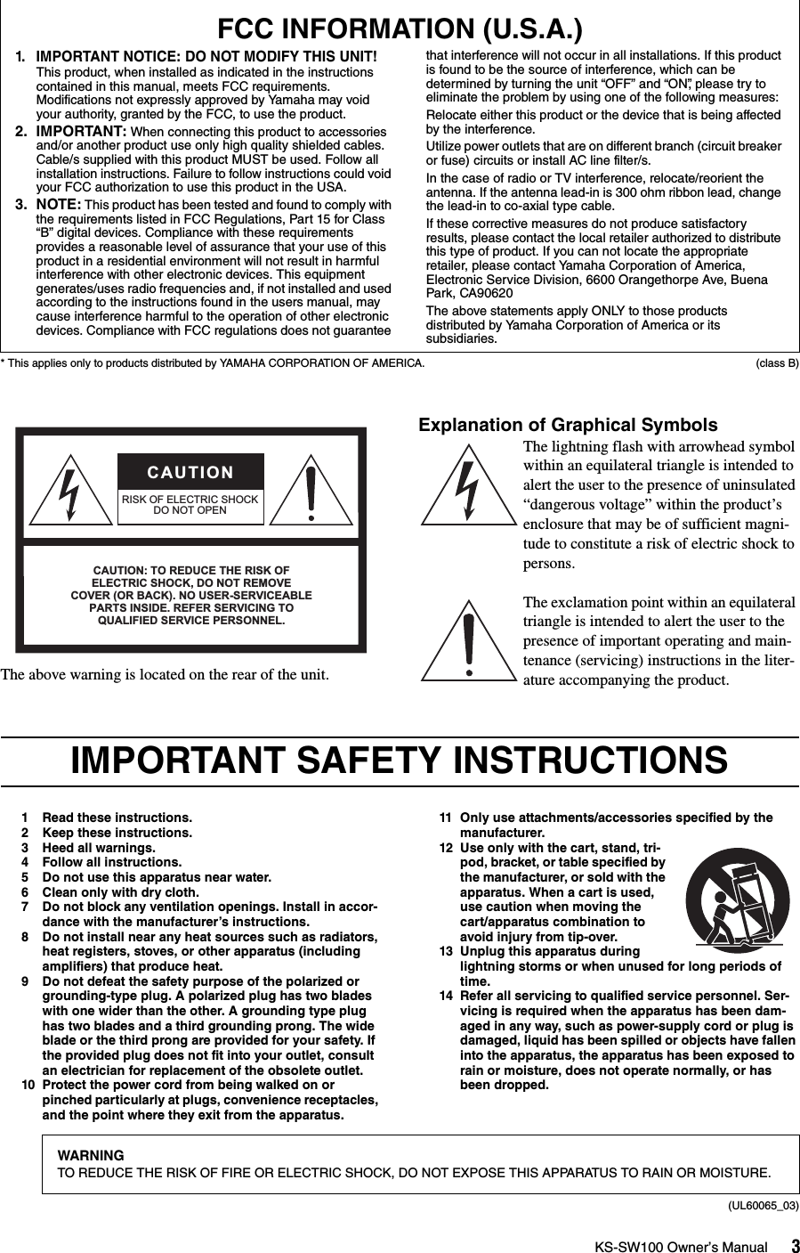 Page 3 of 12 - Yamaha KS-SW100 Owner’s Manual Owner's Kssw100 En Om A0