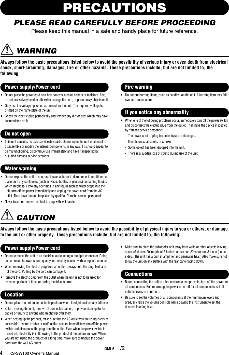 Page 4 of 12 - Yamaha KS-SW100 Owner’s Manual Owner's Kssw100 En Om A0