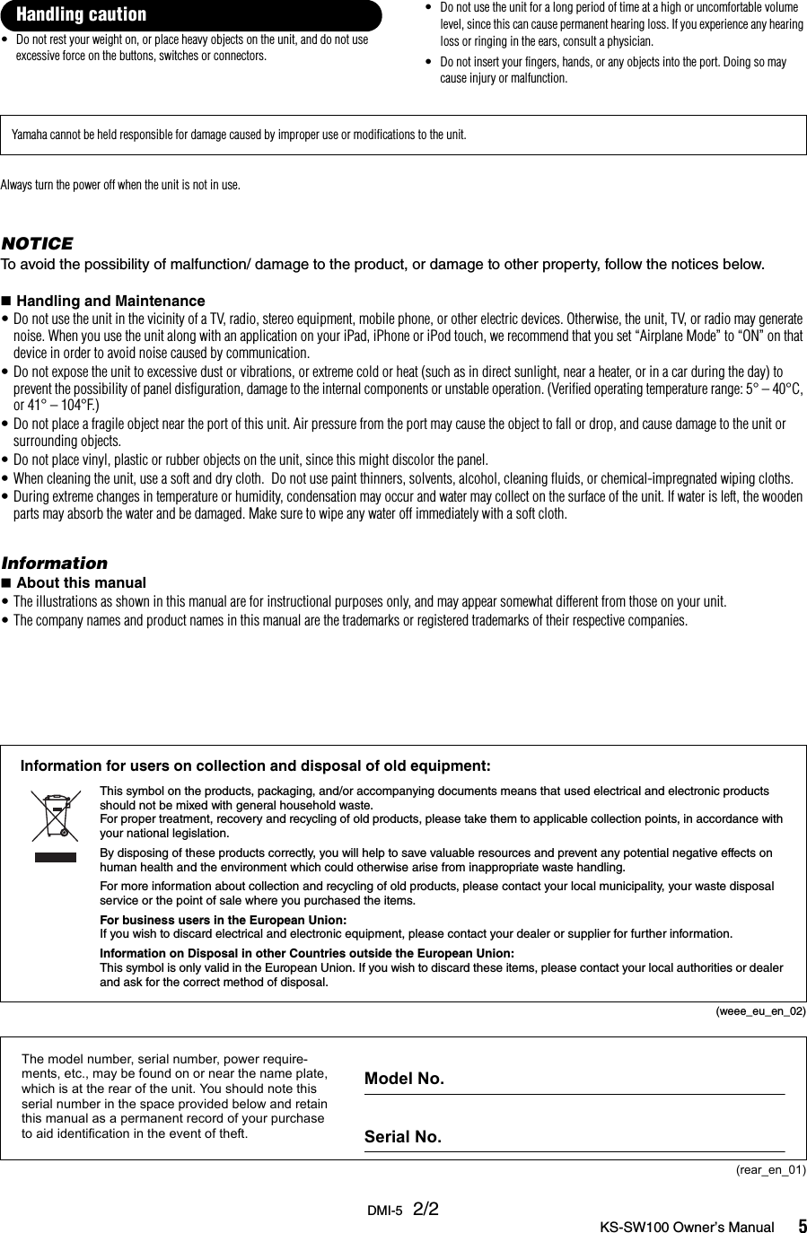 Page 5 of 12 - Yamaha KS-SW100 Owner’s Manual Owner's Kssw100 En Om A0