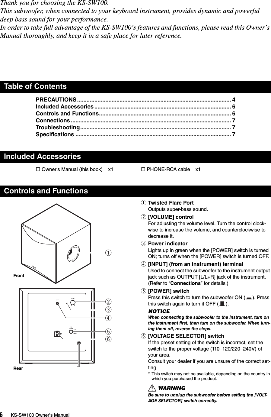 Page 6 of 12 - Yamaha KS-SW100 Owner’s Manual Owner's Kssw100 En Om A0