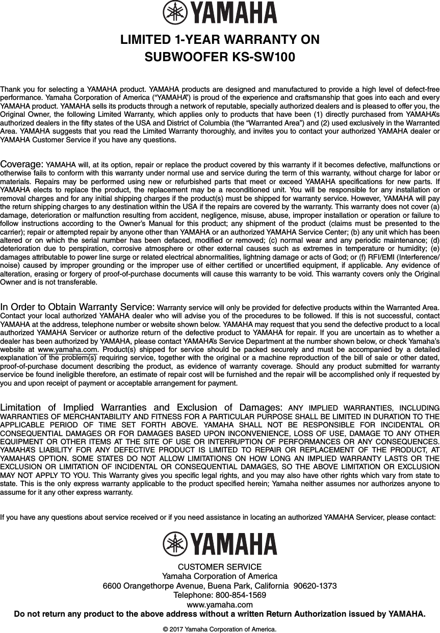 Page 8 of 12 - Yamaha KS-SW100 Owner’s Manual Owner's Kssw100 En Om A0