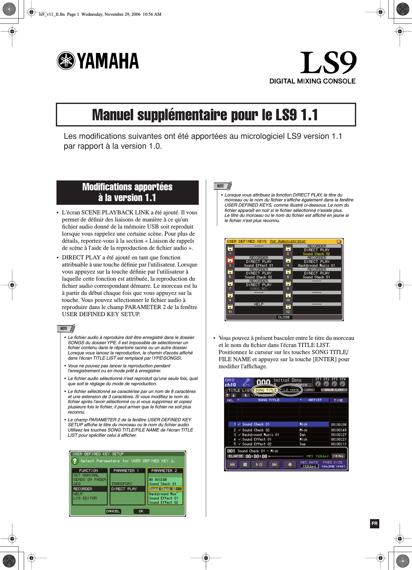 Page 1 of 4 - Yamaha  LS9-16/LS9-32 V1.1 Supplementary Manual Ls9 Fr V11