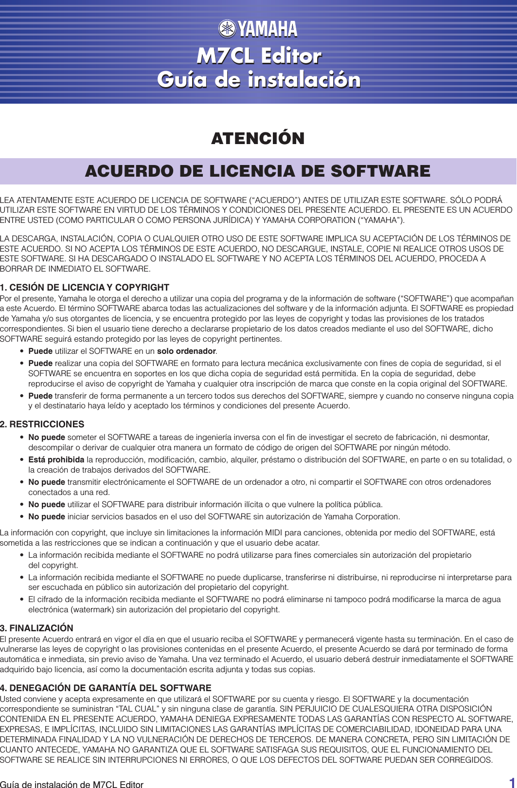 Page 1 of 9 - Yamaha M7CL_IG_SPA M7CL V1 Editor Installation Guide M7cleditor Es Ig