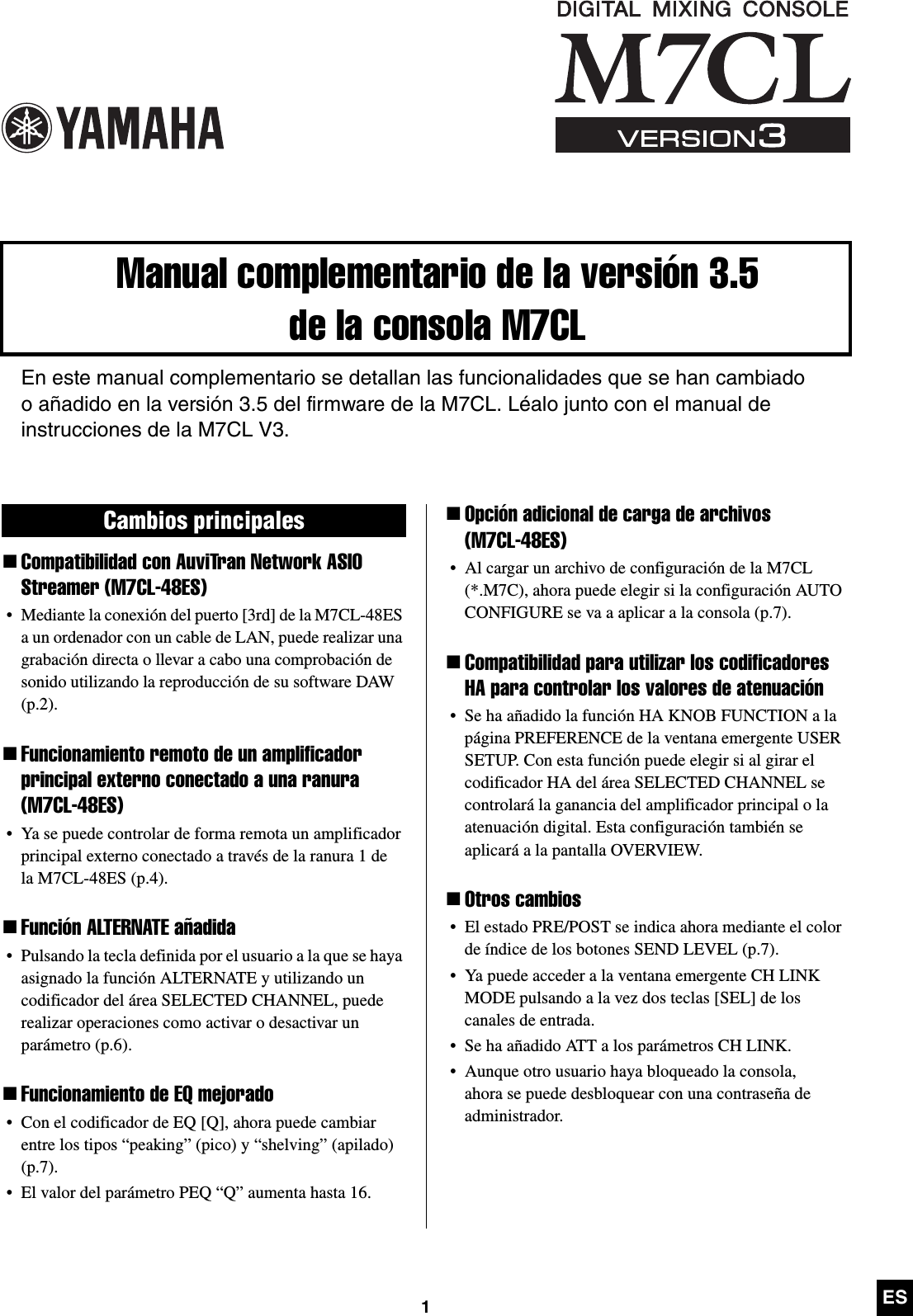 Yamaha M7cl V3 5 Supplementary Manual M7clv35 Es Ss A0
