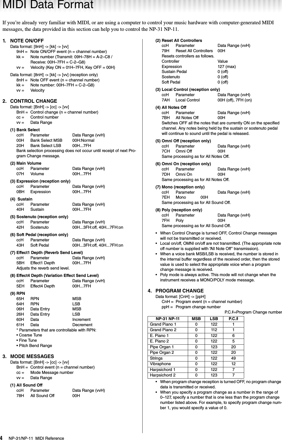 Page 4 of 7 - Yamaha NP-31/NP-11 MIDI Reference Np31 En Mr A0