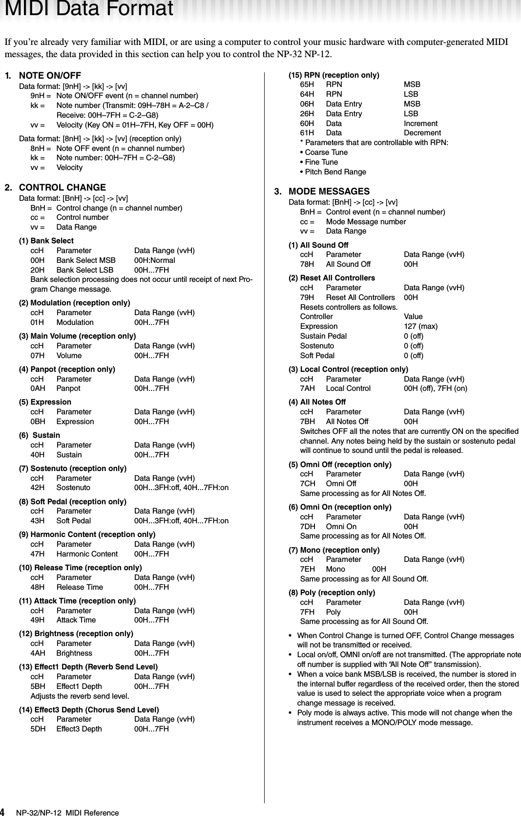 Page 4 of 7 - Yamaha NP-32/NP-12 MIDI Reference Np32np12 En Mr A0