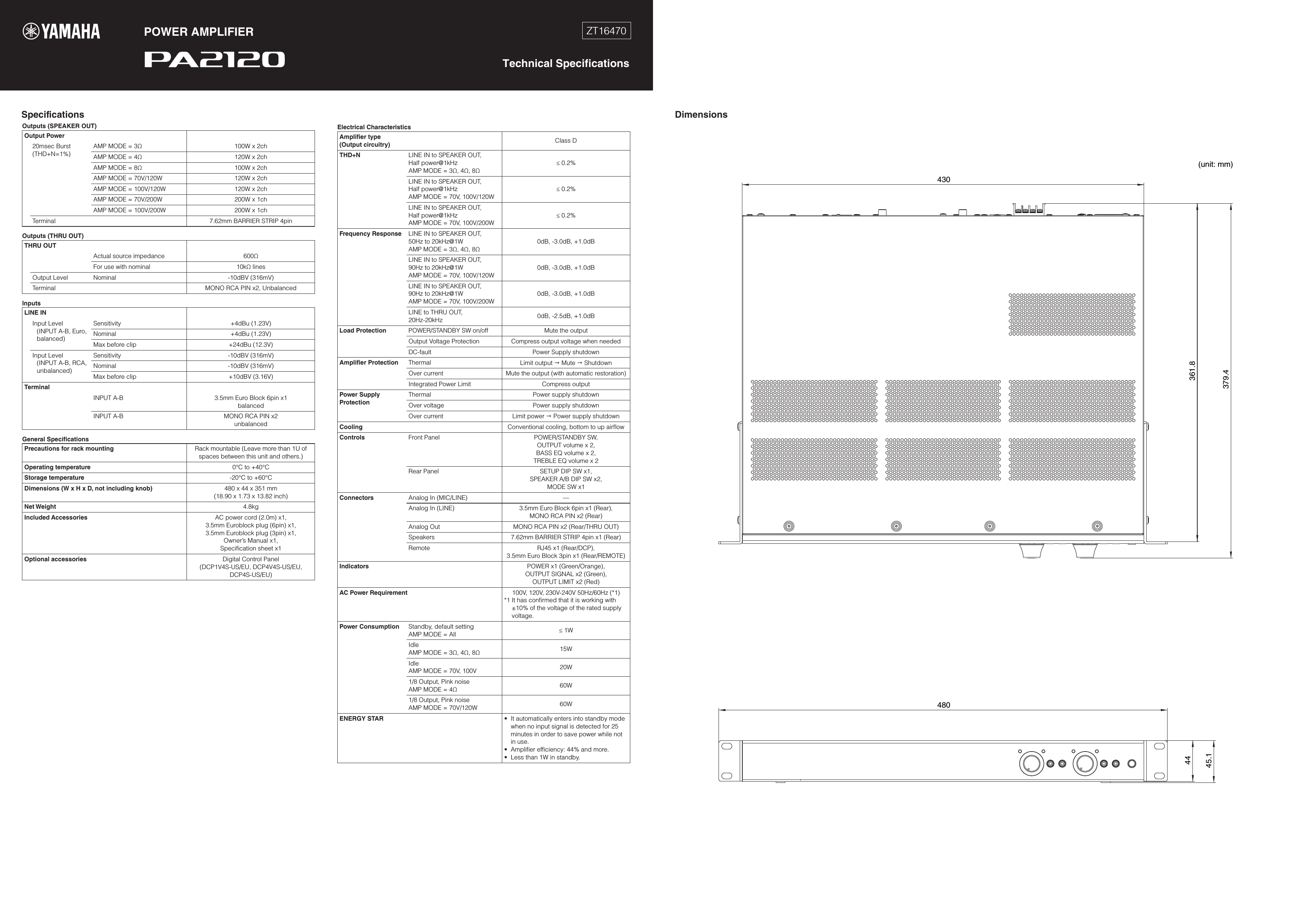 Page 1 of 2 - Yamaha PA2120 Technical Specifications En Ts A0