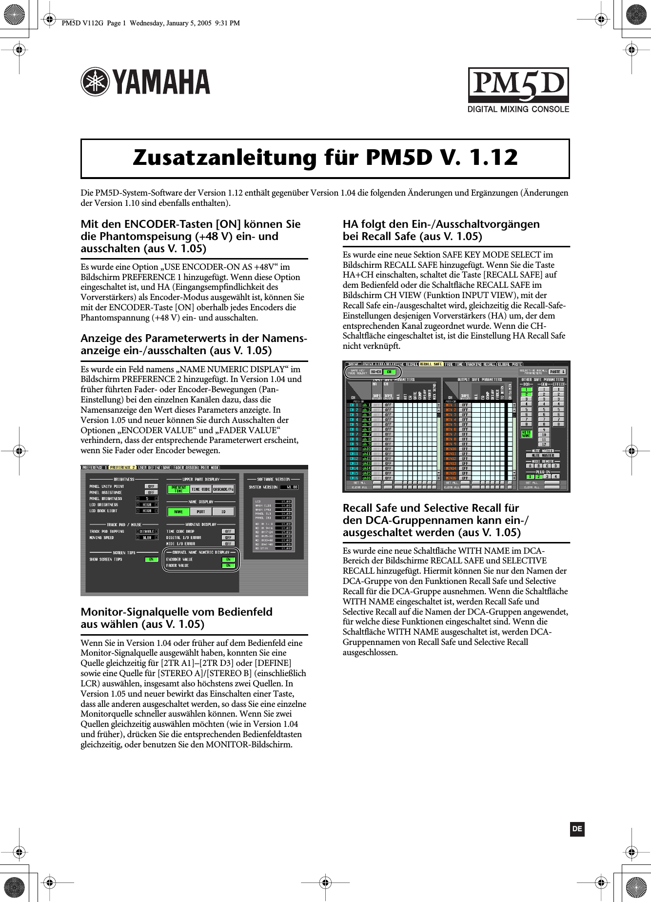 Page 1 of 4 - Yamaha PM5D V112G PM5D/PM5D-RH V1.12 Supplementary Manual Pm5dv112 De