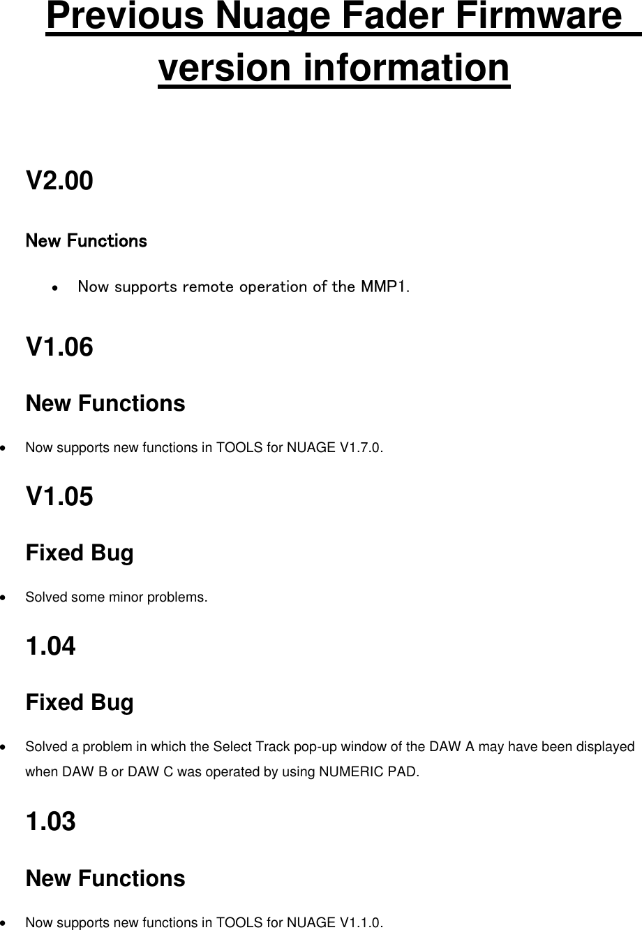 Page 1 of 2 - Yamaha Previous Nuage Fader Firmware Version Information Versions