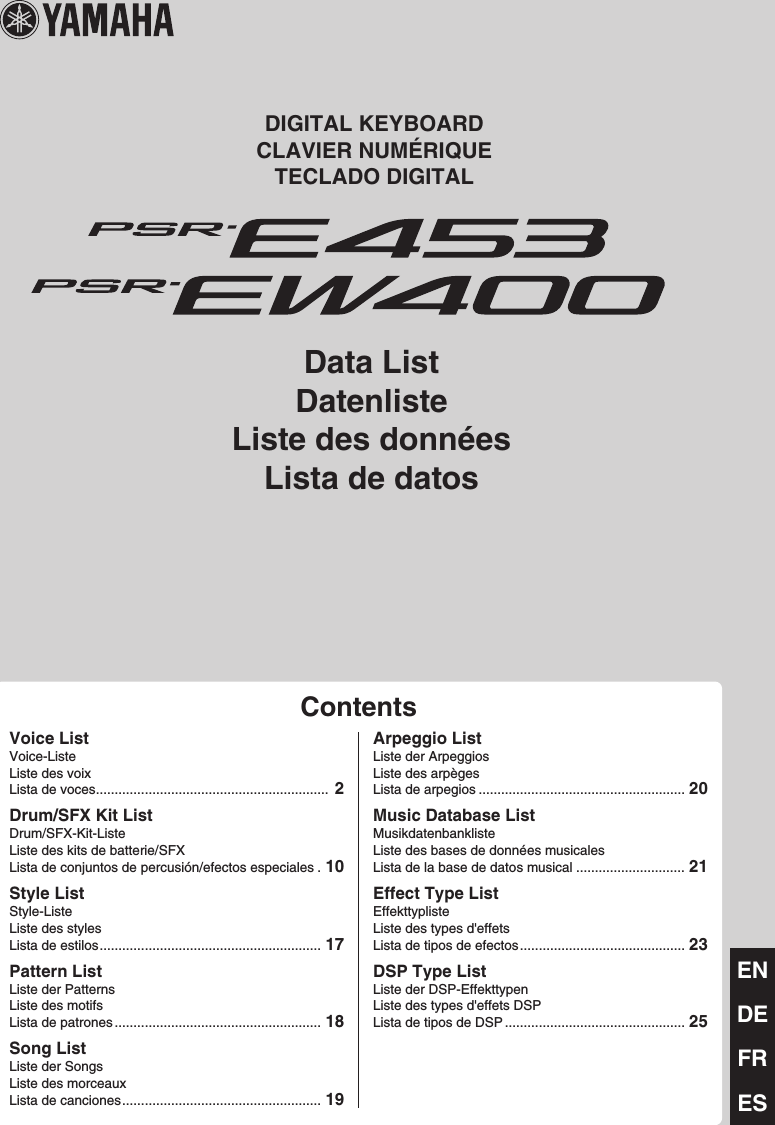 Yamaha Psr E453 Psr Ew400 Data List E453 Psr Psre453 En Dl A0
