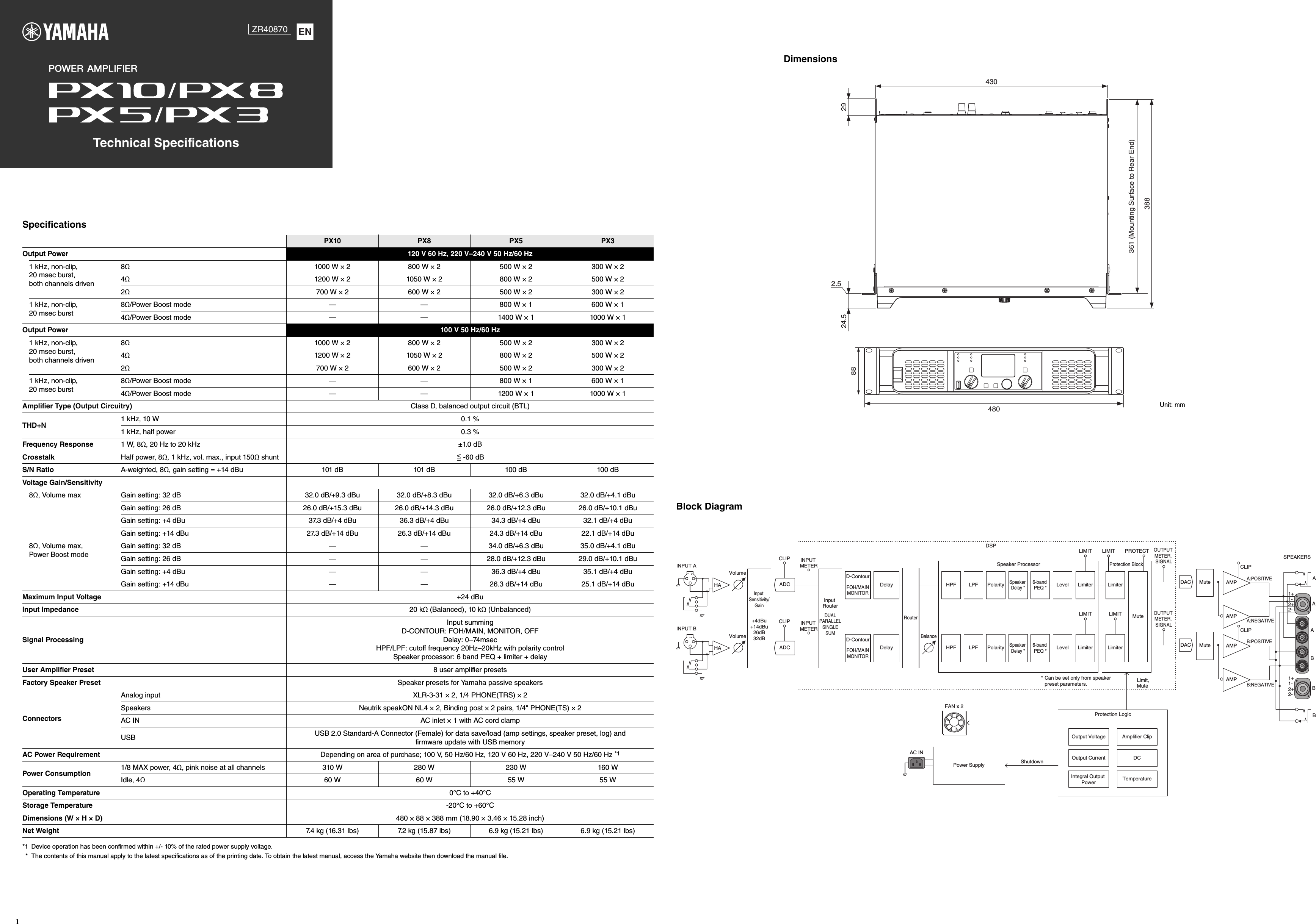 Page 1 of 2 - Yamaha PX10/PX8/PX5/PX3 Technical Specifications Px10 En Ts B0