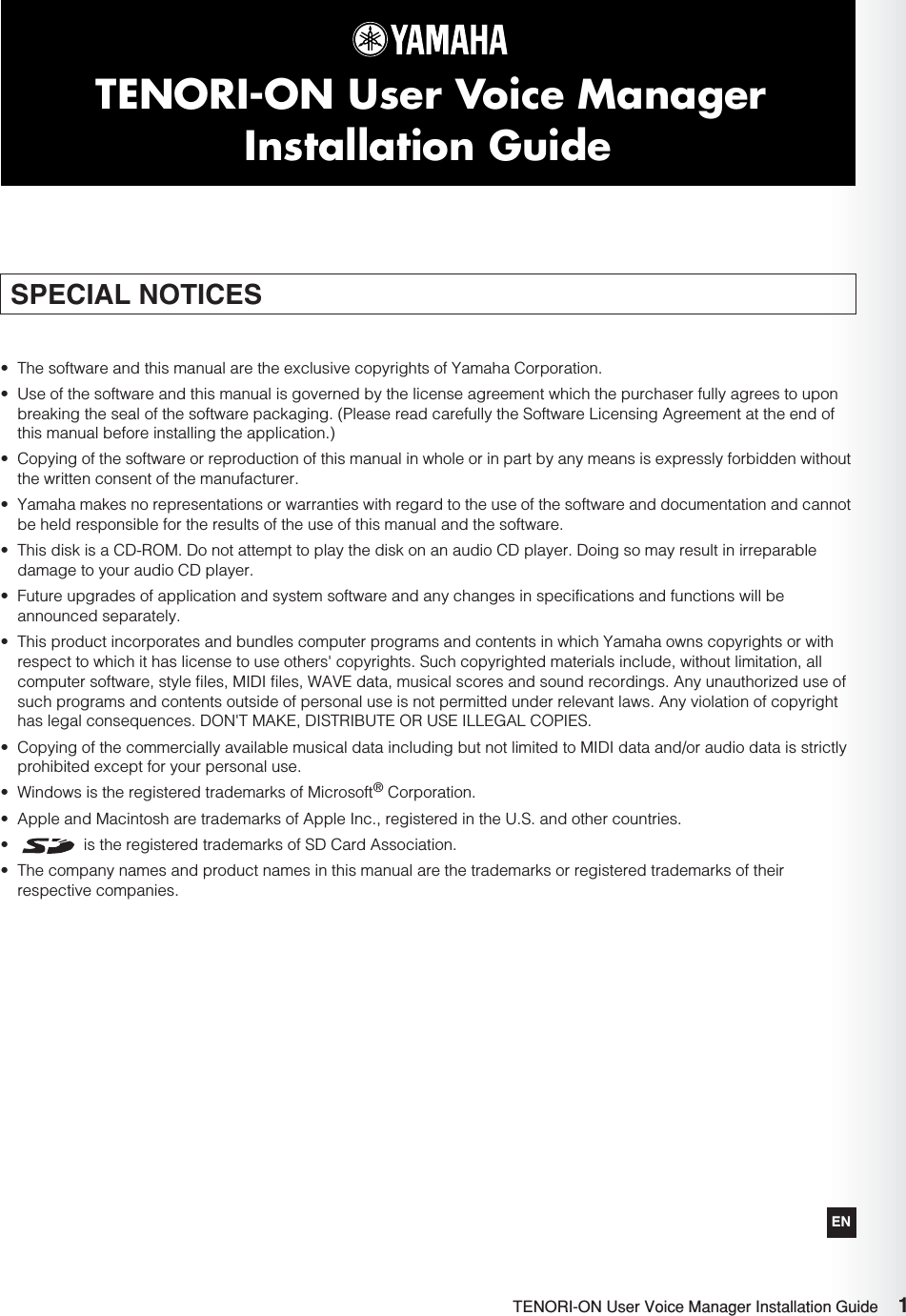 Page 1 of 4 - Yamaha Tnr-w TENORI-ON User Voice Manager Installation Guide Tnrw En Ig A0