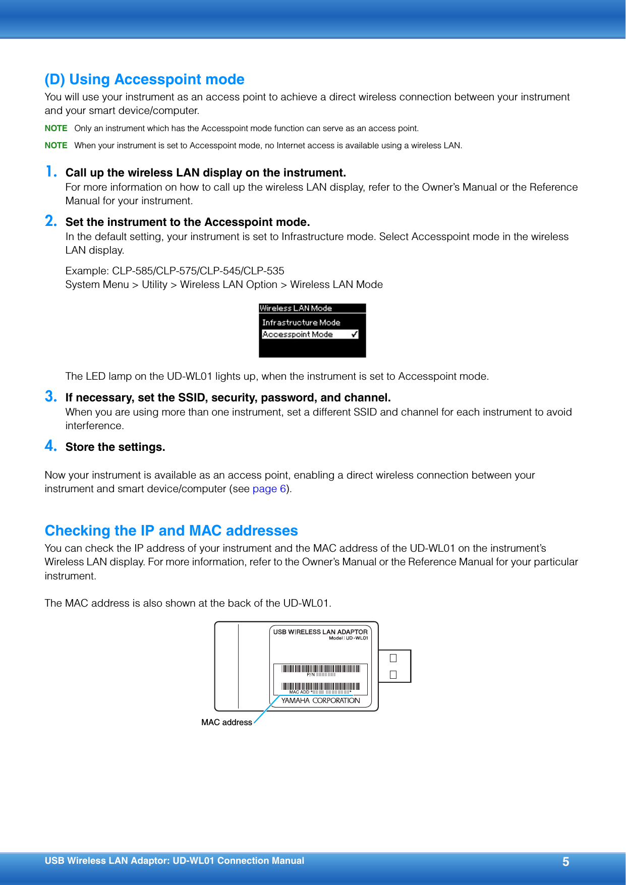 Yamaha USB Wireless LAN Adaptor UD WL01 Connection Manual Udwl01