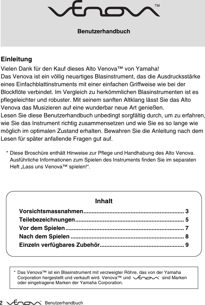 Page 2 of 10 - Yamaha Alto Venova YVS-120 Owner’s Manual Owner's De Om B0