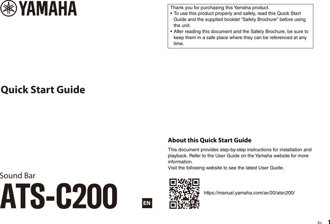 Page 1 of 8 - Yamaha ATS-C200 Quick Start Guide Web AV19-0353 Qsg UA En A0