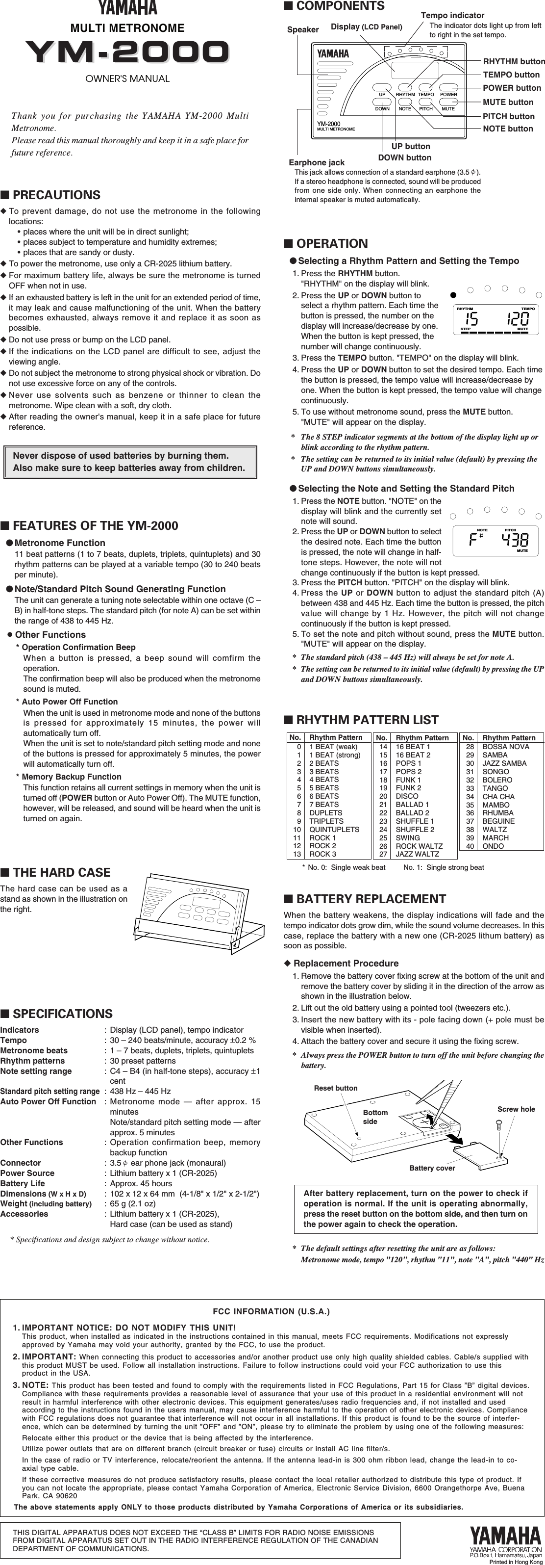 Page 2 of 4 - Yamaha  YM-2000 Owner's Manual Ym2000 En